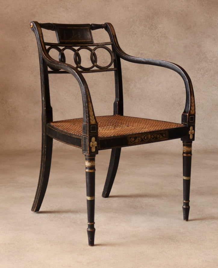 Antique Regency Ebonised parcel-Gilt Painted Elbow Chair Cane Seat Armchair