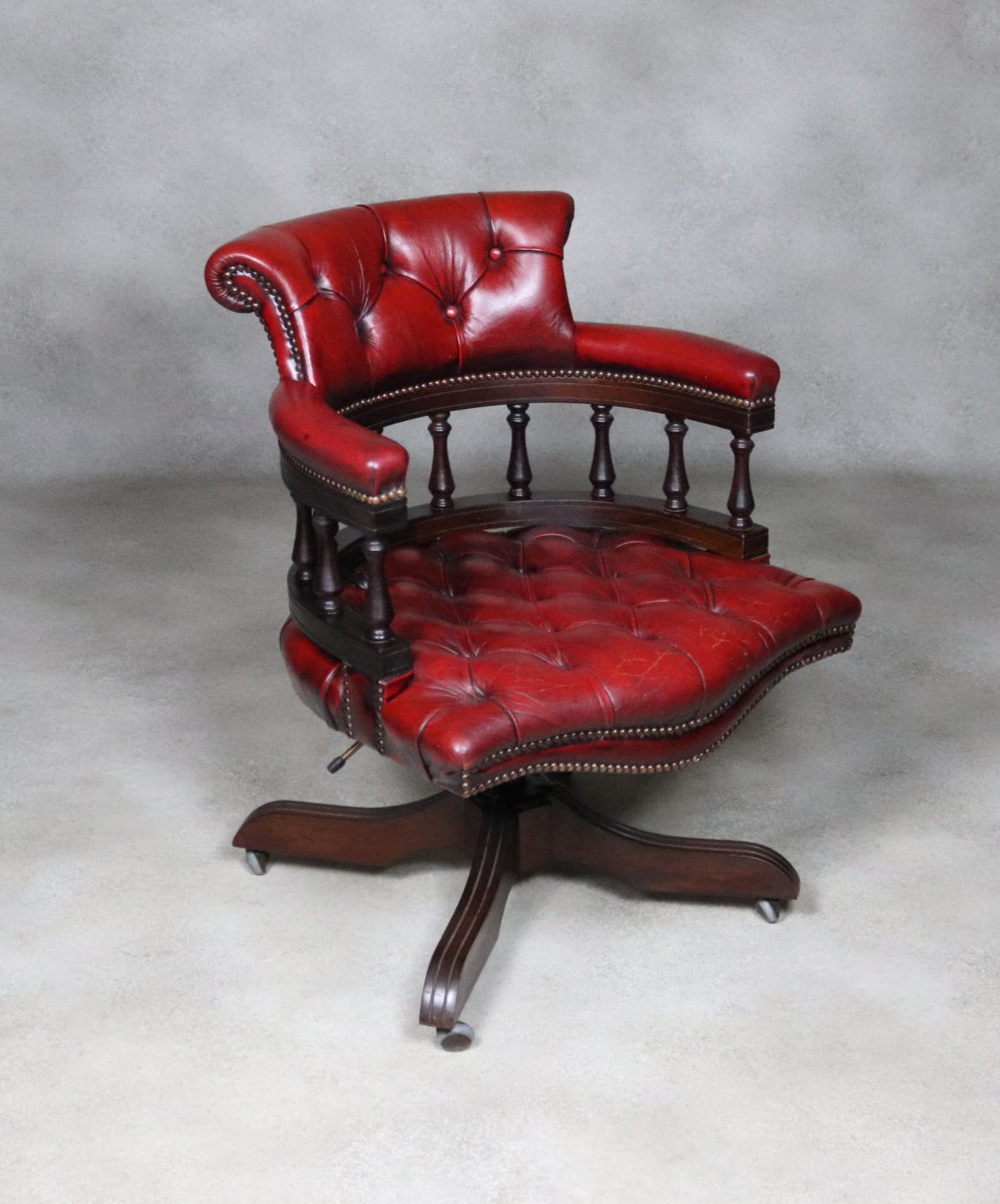 Vintage Red Leather Chesterfield Captians Chair Swivel Office / Desk Chair