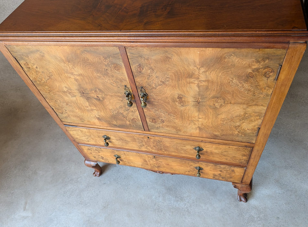 Vintage Art Deco Burr Walnut Linen Cupboard Queen Anne Style Tallboy 1930s