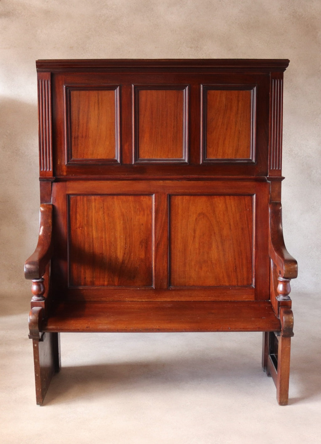 Antique Victorian Mahogany Hall Settle Bench with Panelled High Back c.1890