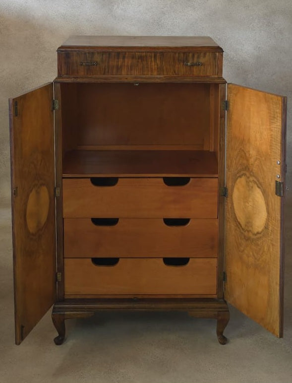 Vintage Art Deco Burr Walnut Compactum Tallboy 1930s Linen Cabinet
