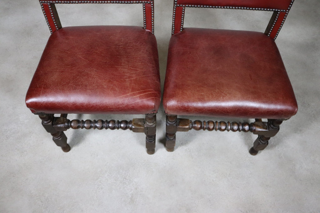 Set Of 6 Antique Cromwellian Style Oak And Leather Dining Chairs