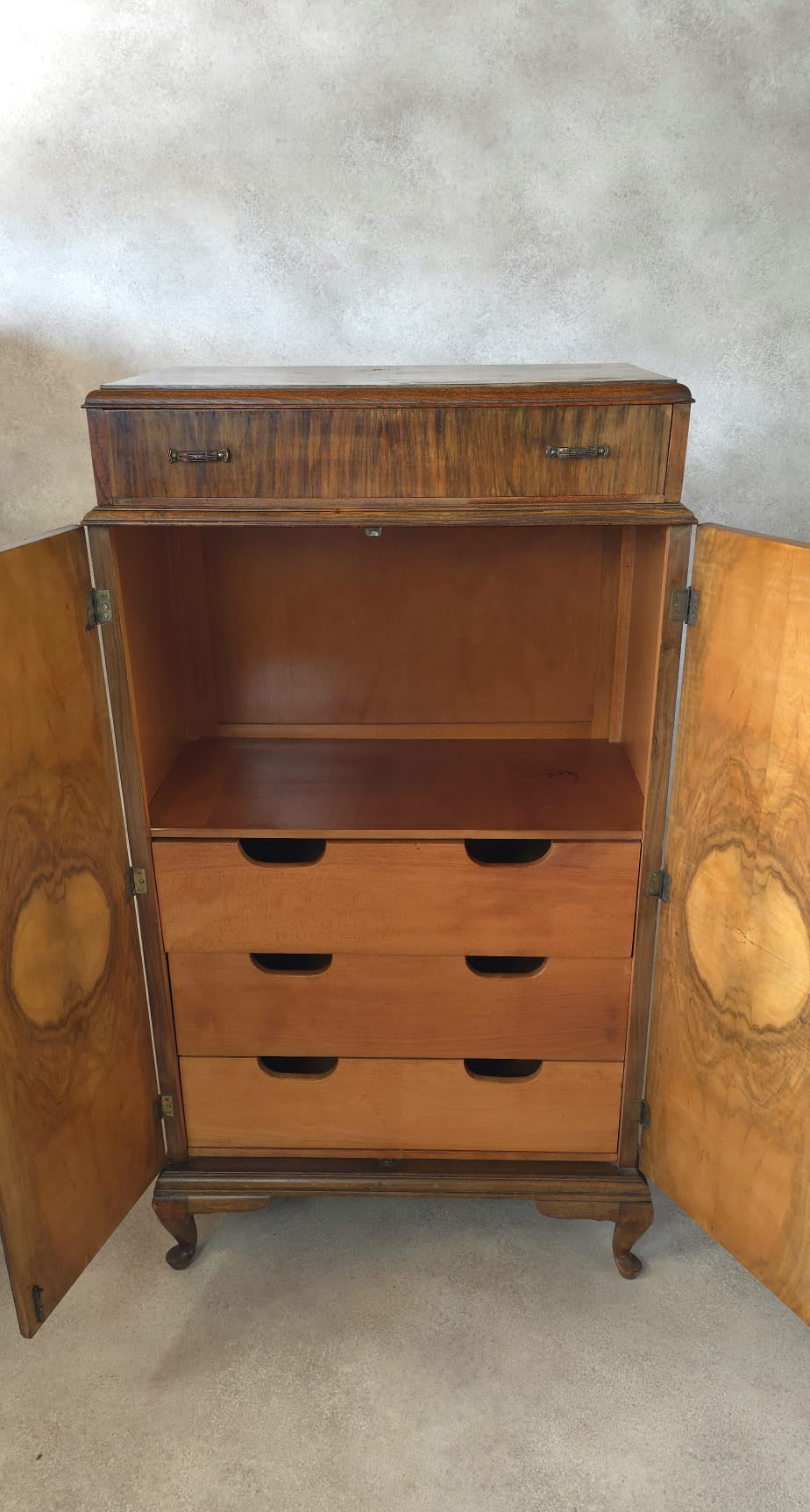 Vintage Art Deco Burr Walnut Compactum Tallboy 1930s Linen Cabinet