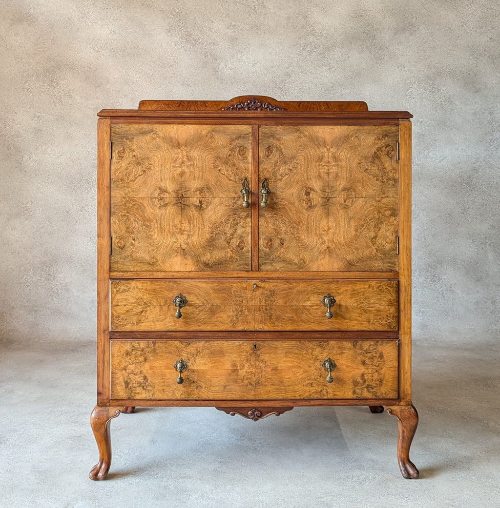 Vintage Art Deco Burr Walnut Linen Cupboard Queen Anne Style Tallboy 1930s
