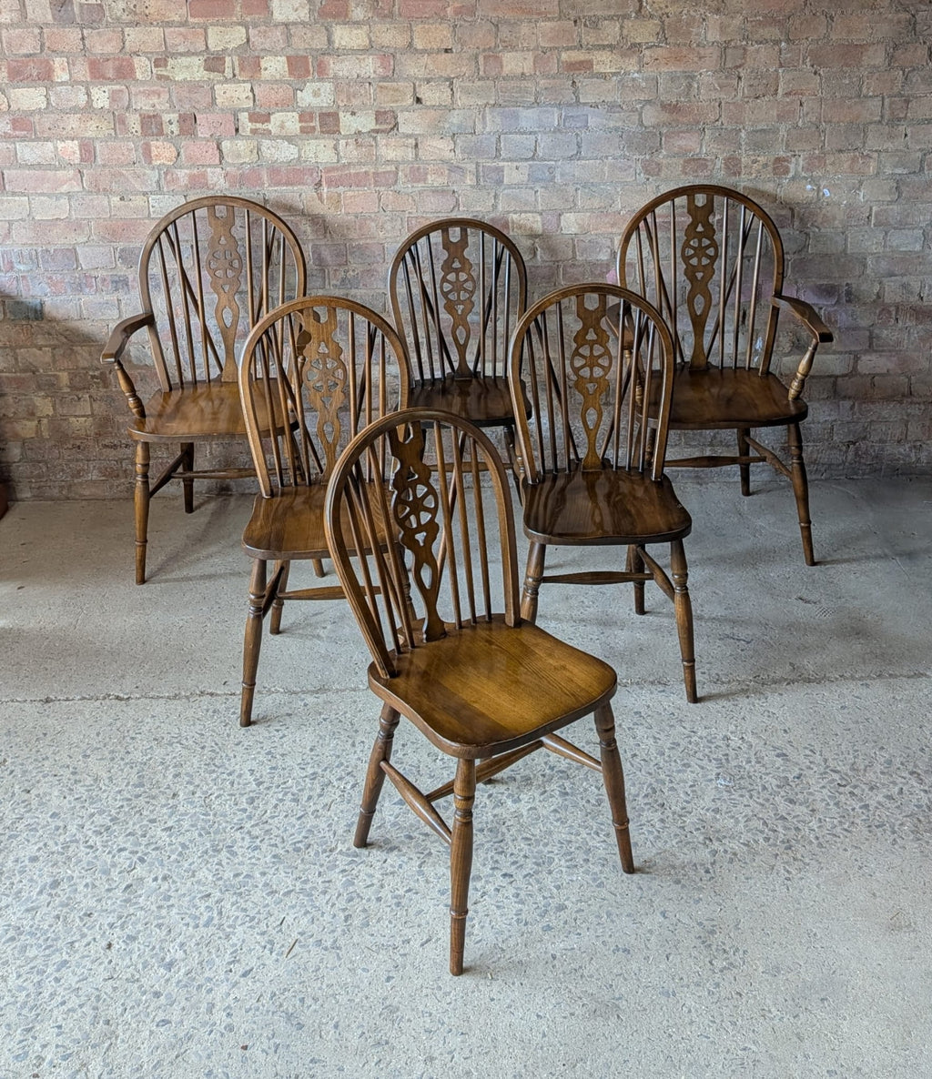 Set Of 6 Vintage Elm & Ash Wheelback Windsor Dining Chairs Includes 2 Carvers