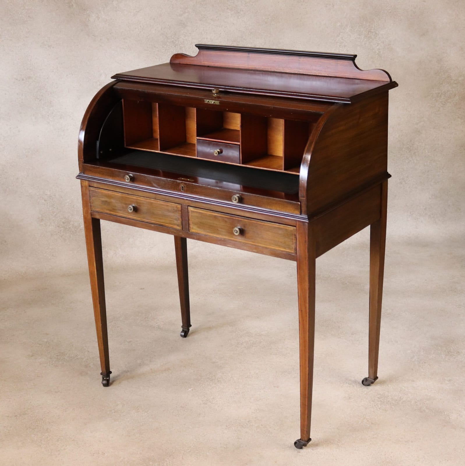 Antique Edwardian Mahogany Cylinder Bureau Desk - Sheraton Style - Circa 1900