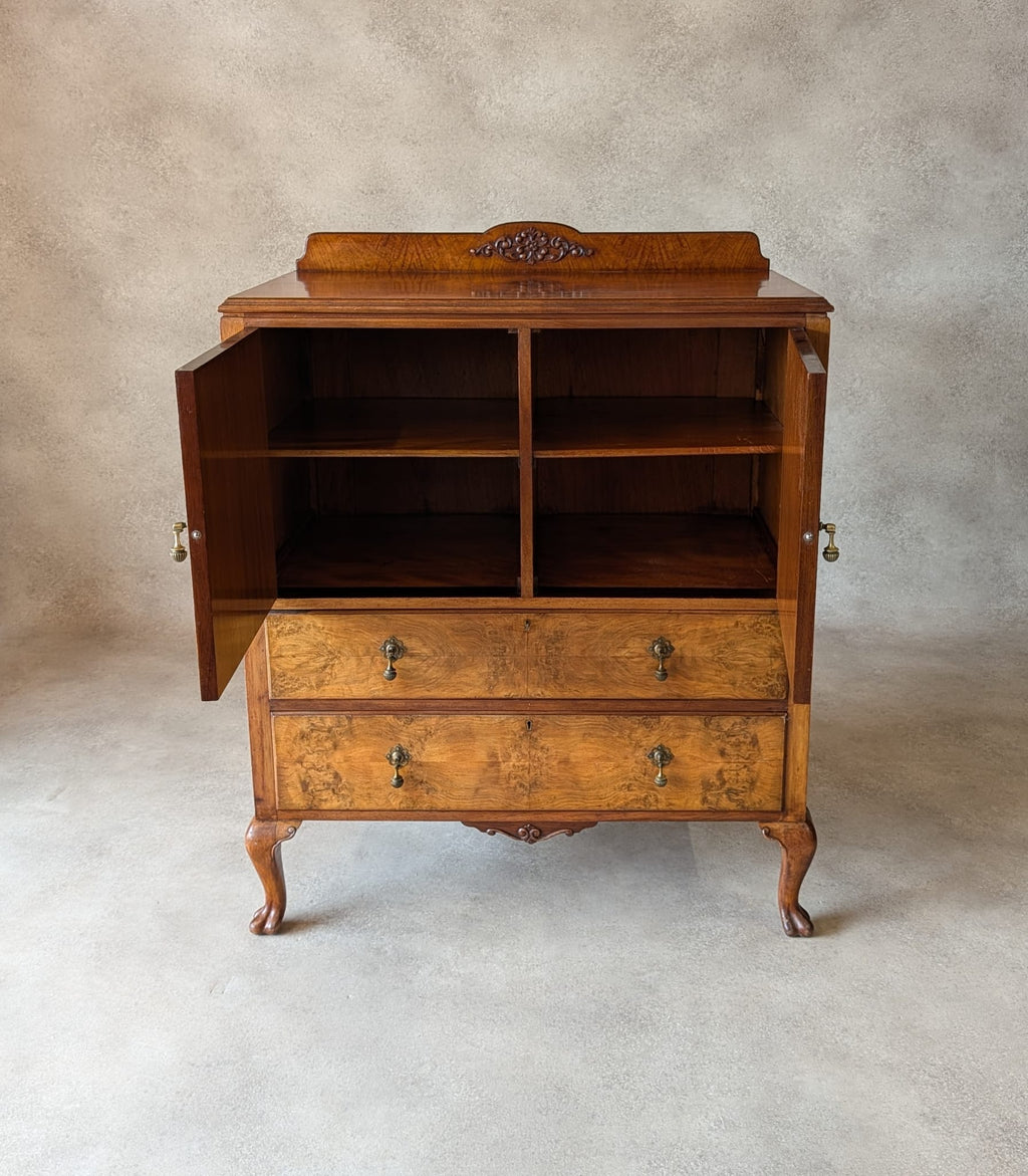 Vintage Art Deco Burr Walnut Linen Cupboard Queen Anne Style Tallboy 1930s