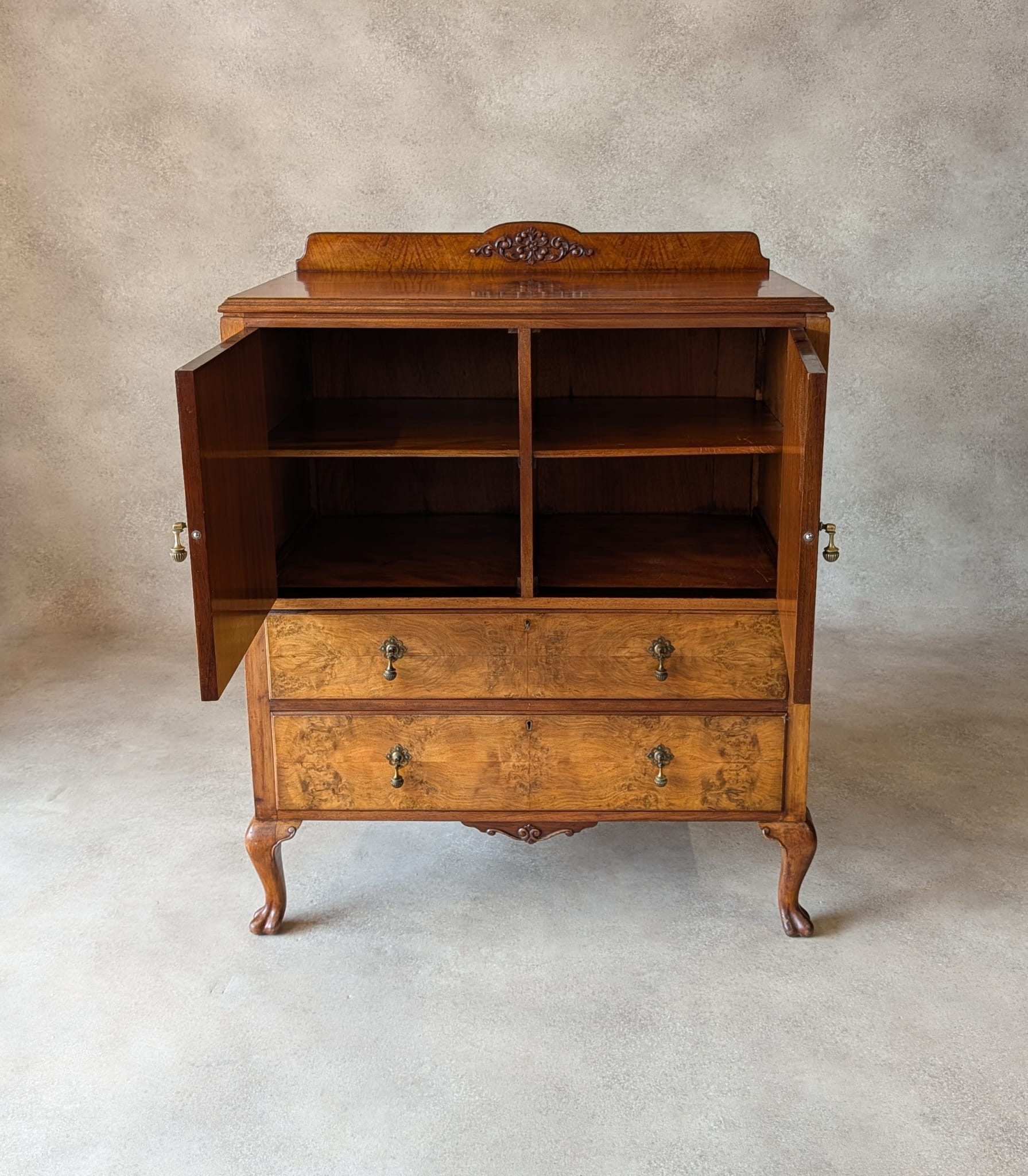Vintage Art Deco Burr Walnut Linen Cupboard Queen Anne Style Tallboy 1930s