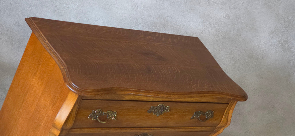 Small Oak Dutch Bombe Commode – Ornate Vintage Three-Drawer Chest