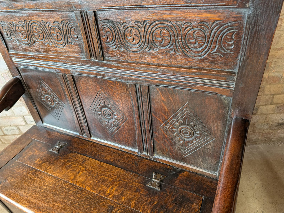 Antique Early 20th Century Carved Oak Hall Settle – Jacobean Revival Style Bench