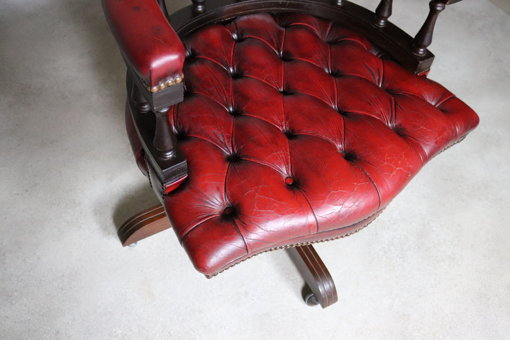 Vintage Red Leather Chesterfield Captians Chair Swivel Office / Desk Chair