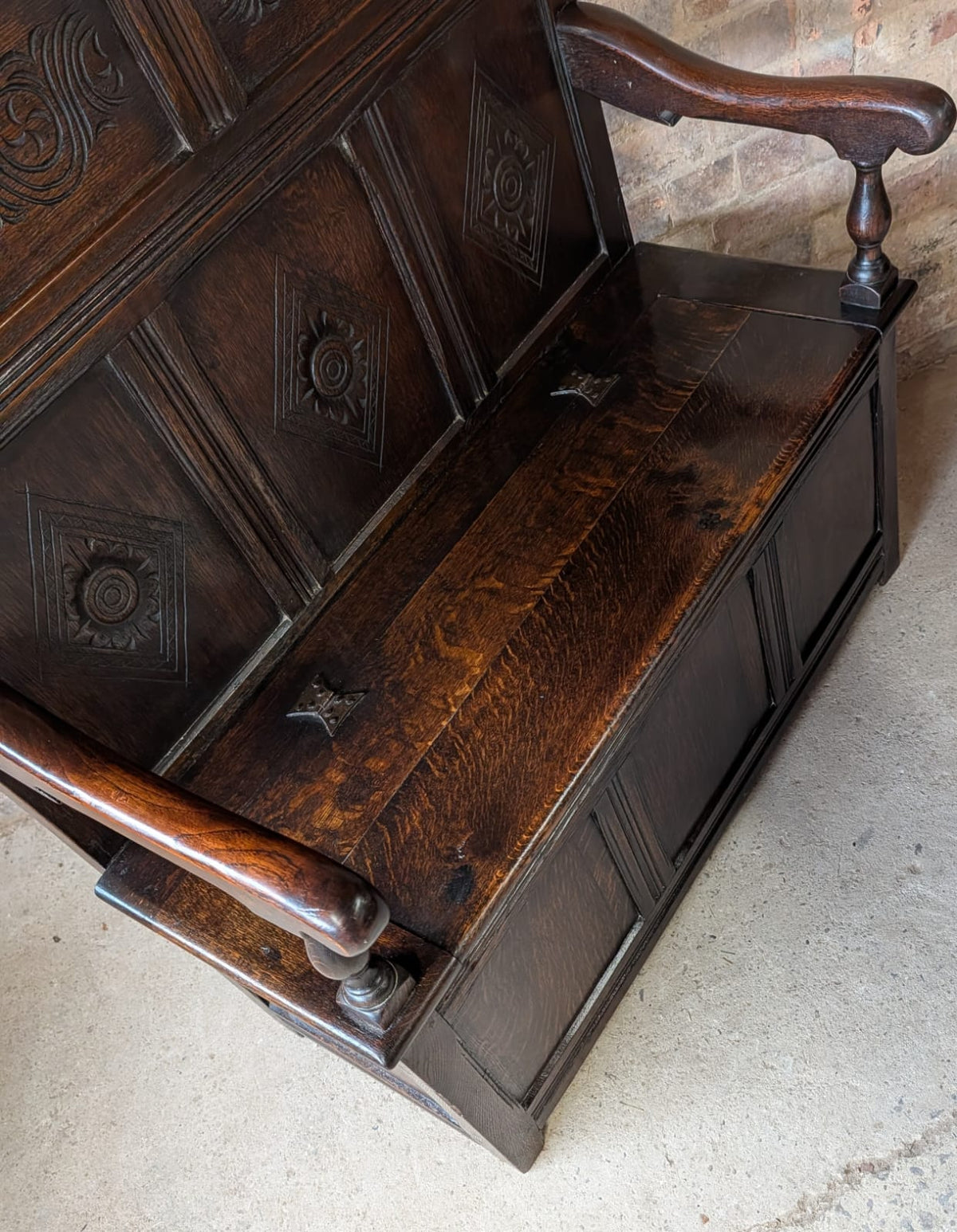 Antique Early 20th Century Carved Oak Hall Settle – Jacobean Revival Style Bench