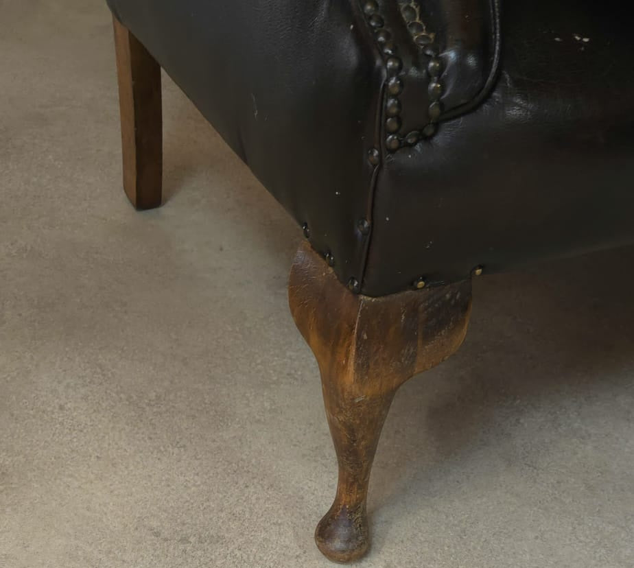 Vintage Queen Anne Style High Back Brown Leather Chesterfield Sofa