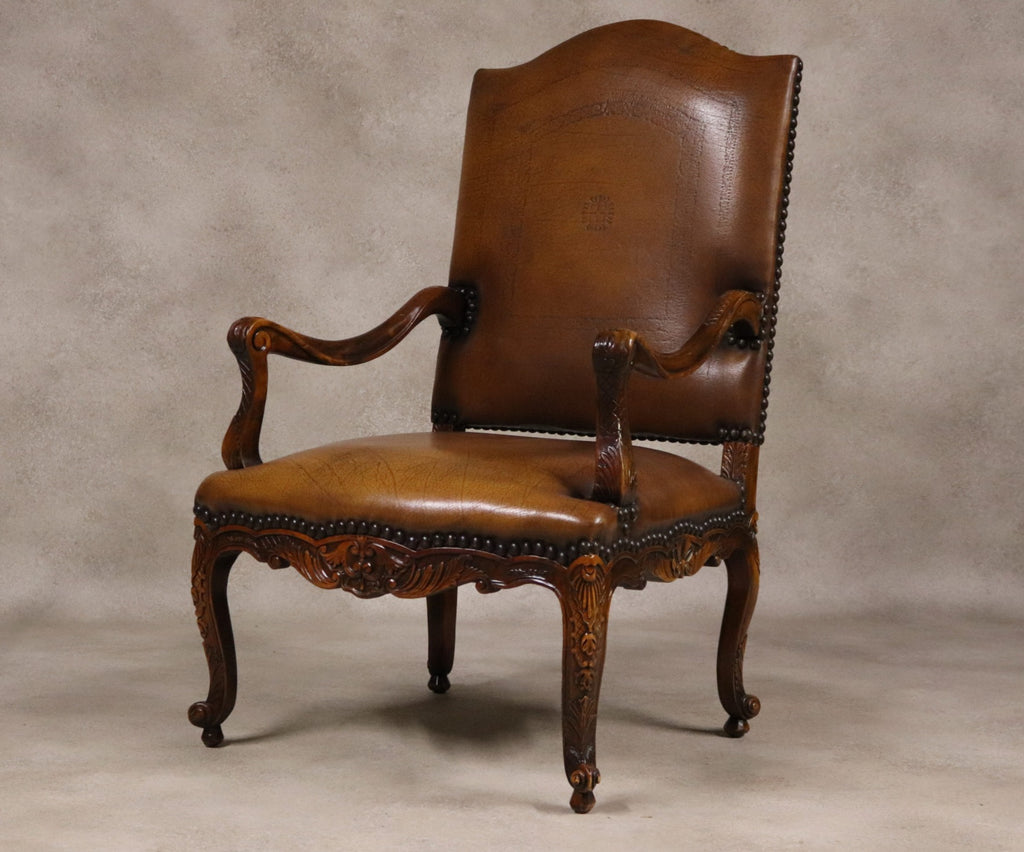 Vintage French Louis XV Style Carved Beechwood Fauteuil Tooled Leather Armchair