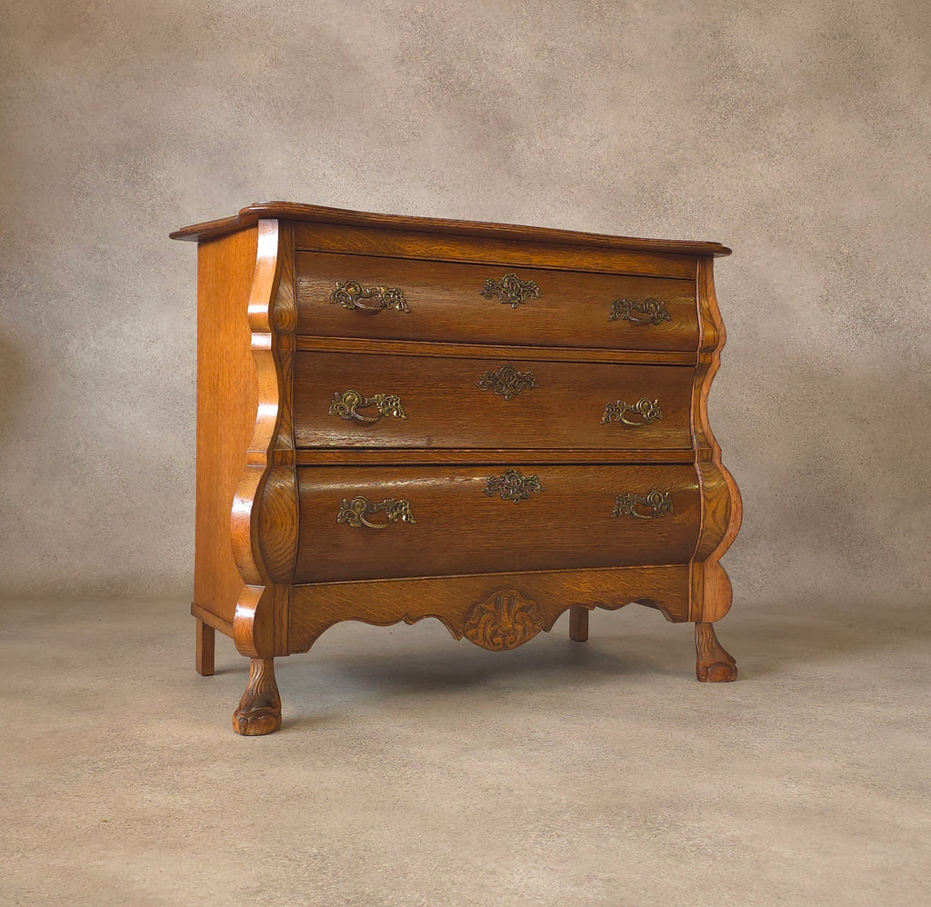 Small Oak Dutch Bombe Commode – Ornate Vintage Three-Drawer Chest