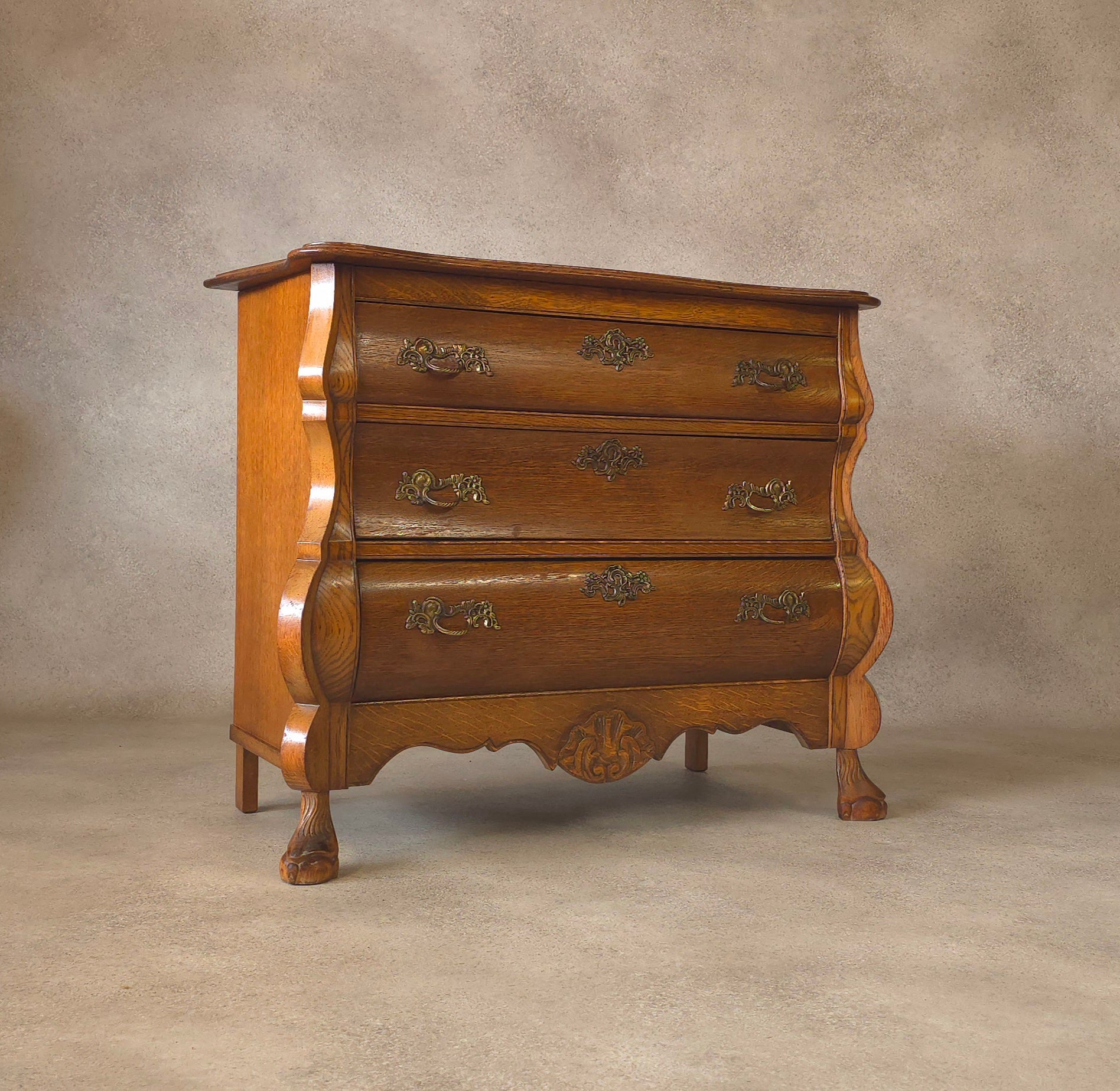 Small Oak Dutch Bombe Commode – Ornate Vintage Three-Drawer Chest