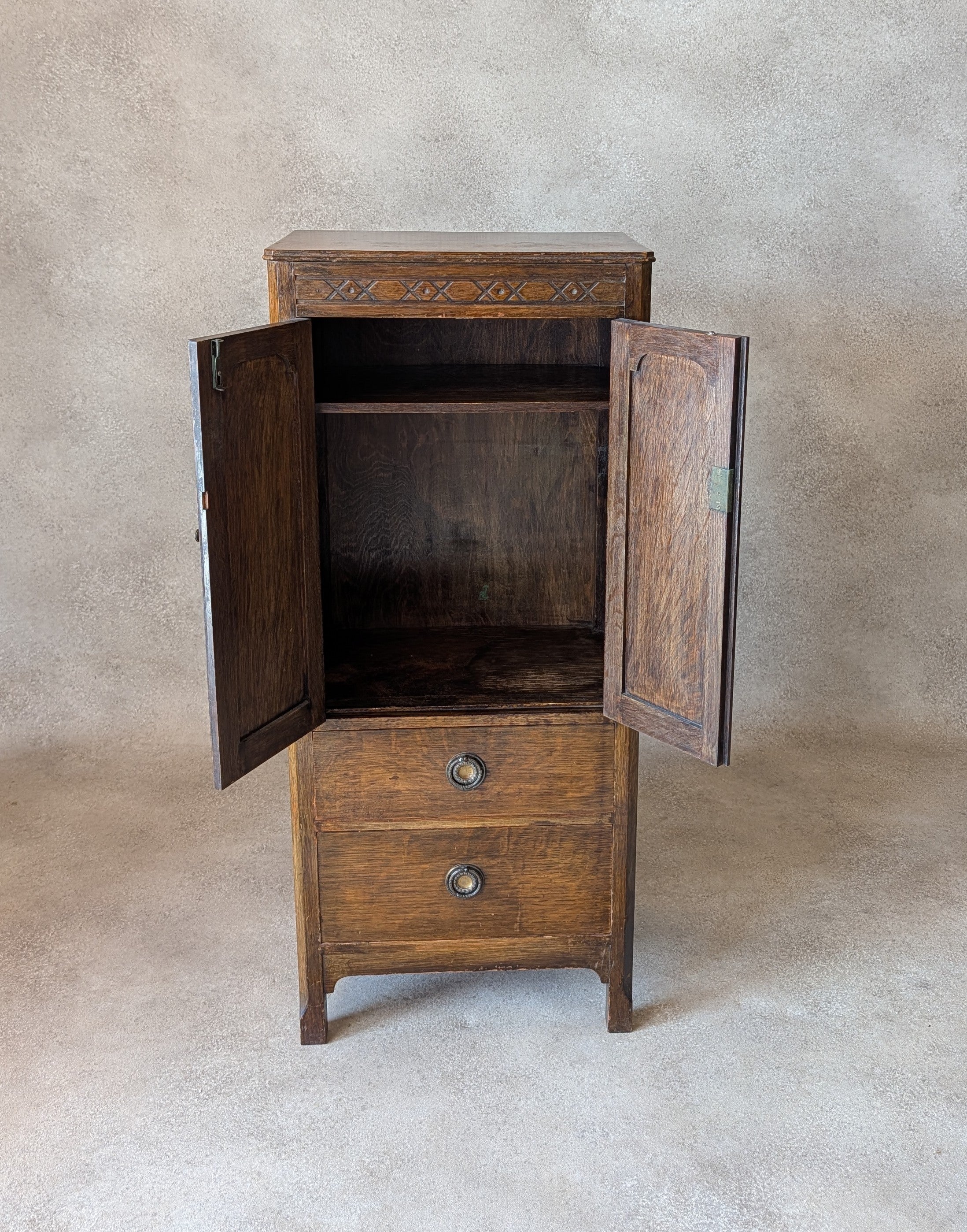 Vintage Oak Hall Cupboard 1930s Jacobean Revival Cupboard Compact Oak Cabinet