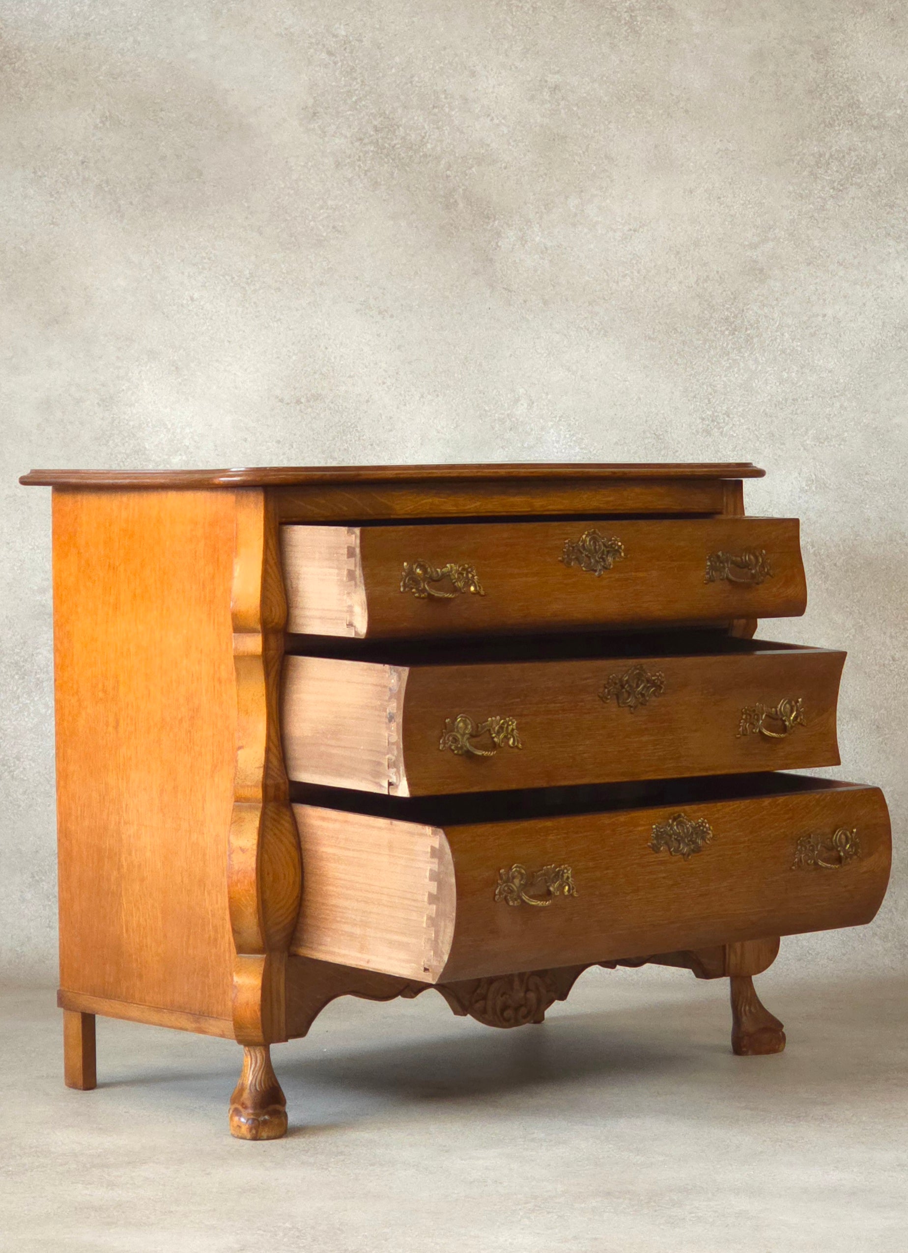Small Oak Dutch Bombe Commode – Ornate Vintage Three-Drawer Chest