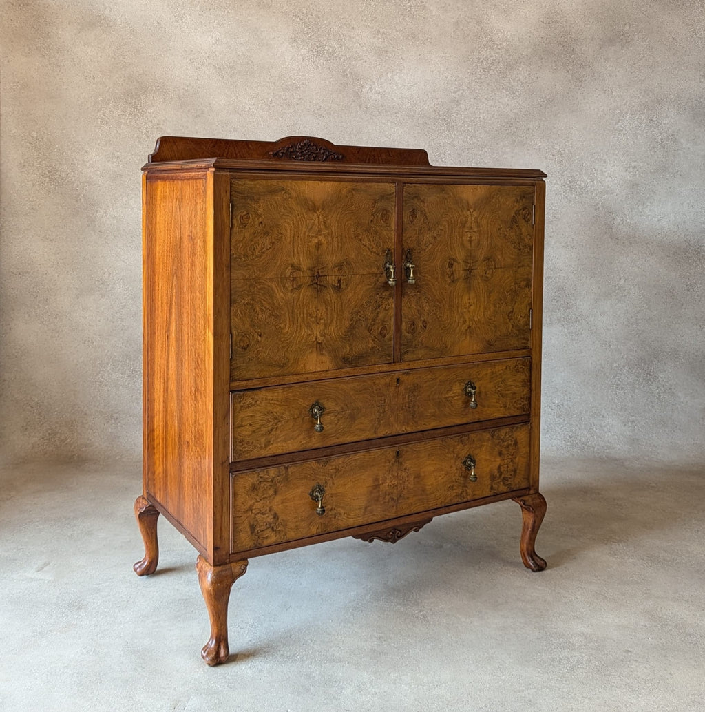 Vintage Art Deco Burr Walnut Linen Cupboard Queen Anne Style Tallboy 1930s