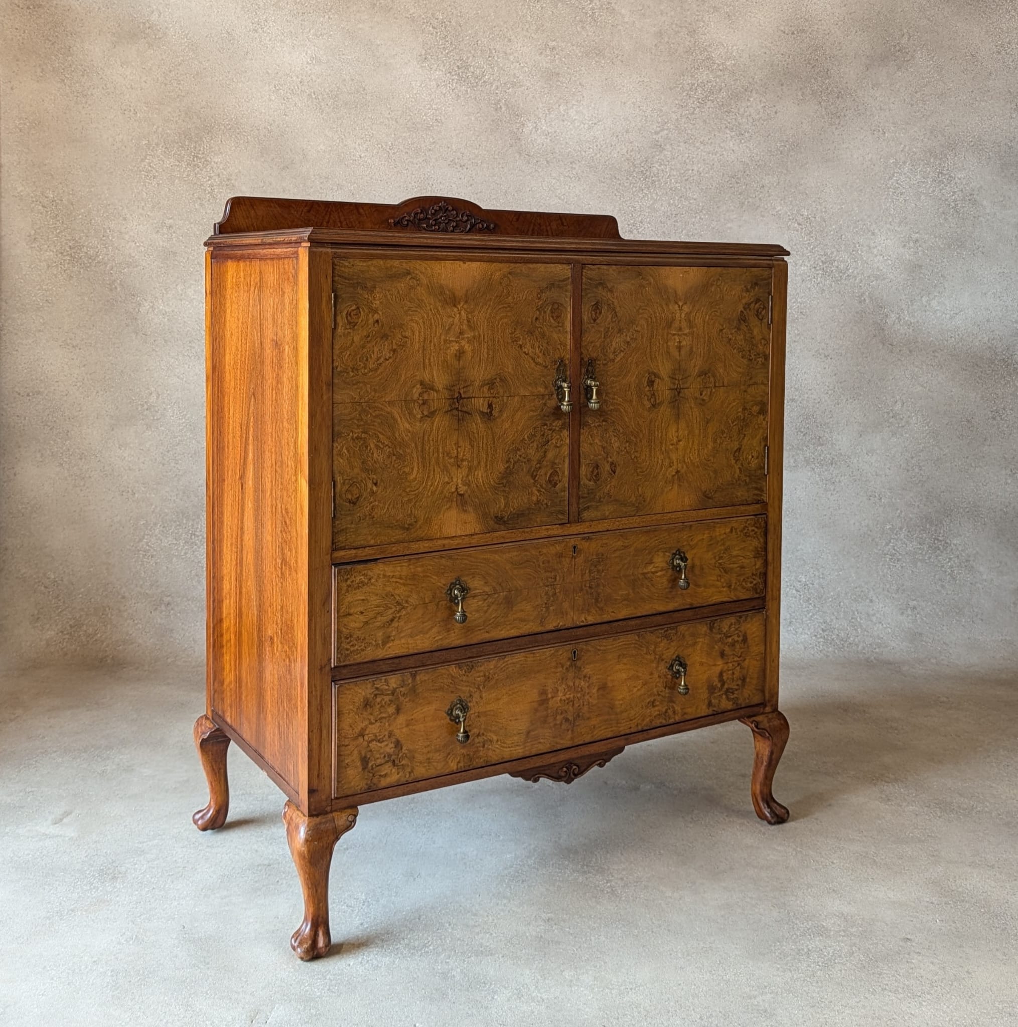 Vintage Art Deco Burr Walnut Linen Cupboard Queen Anne Style Tallboy 1930s
