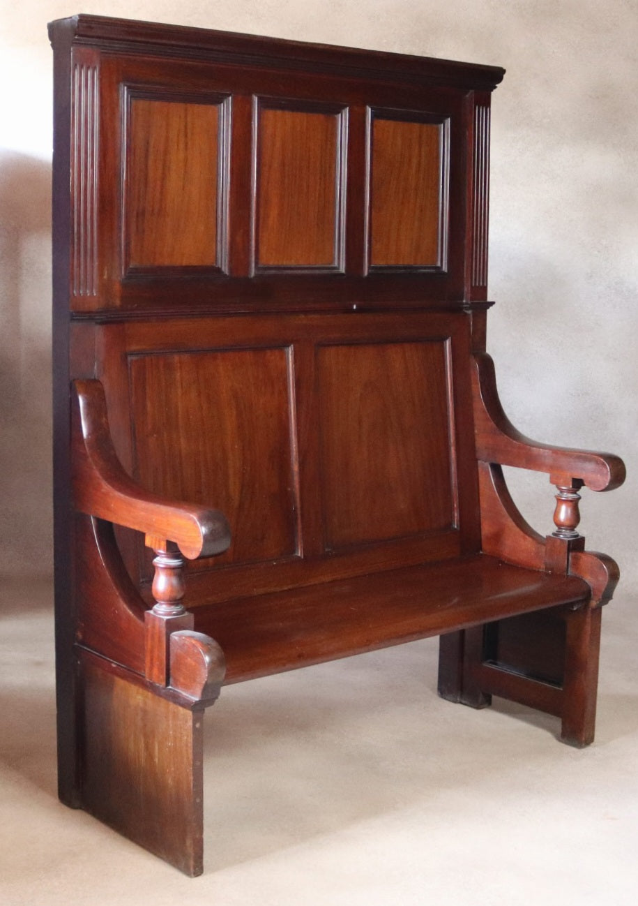 Antique Victorian Mahogany Hall Settle Bench with Panelled High Back c.1890