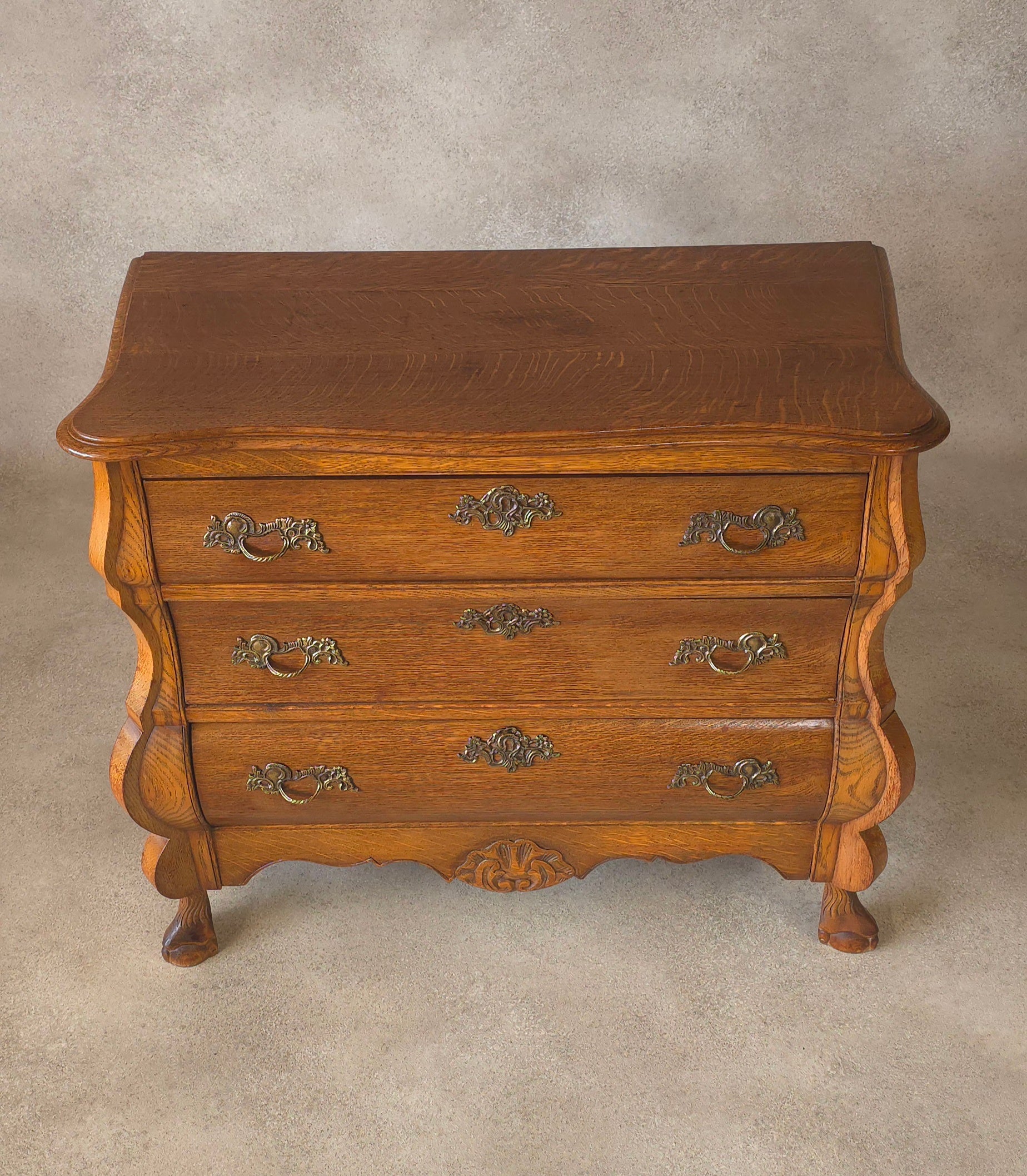 Small Oak Dutch Bombe Commode – Ornate Vintage Three-Drawer Chest