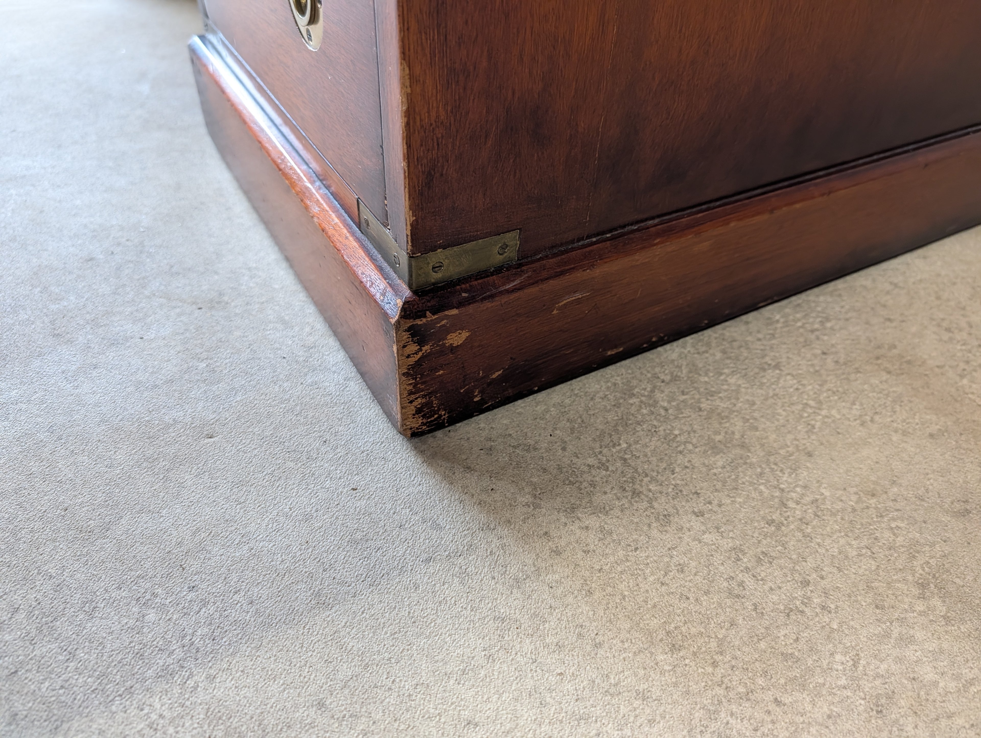 Vintage Red Leather Top Desk Campaign Military Style Mahogany Writing Desk