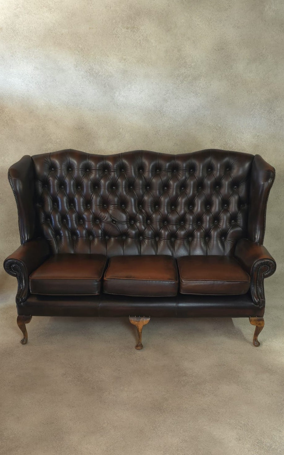 Vintage Queen Anne Style High Back Brown Leather Chesterfield Sofa