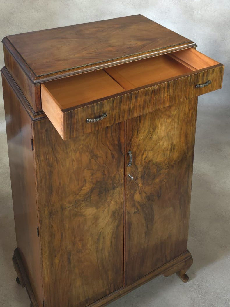 Vintage Art Deco Burr Walnut Compactum Tallboy 1930s Linen Cabinet