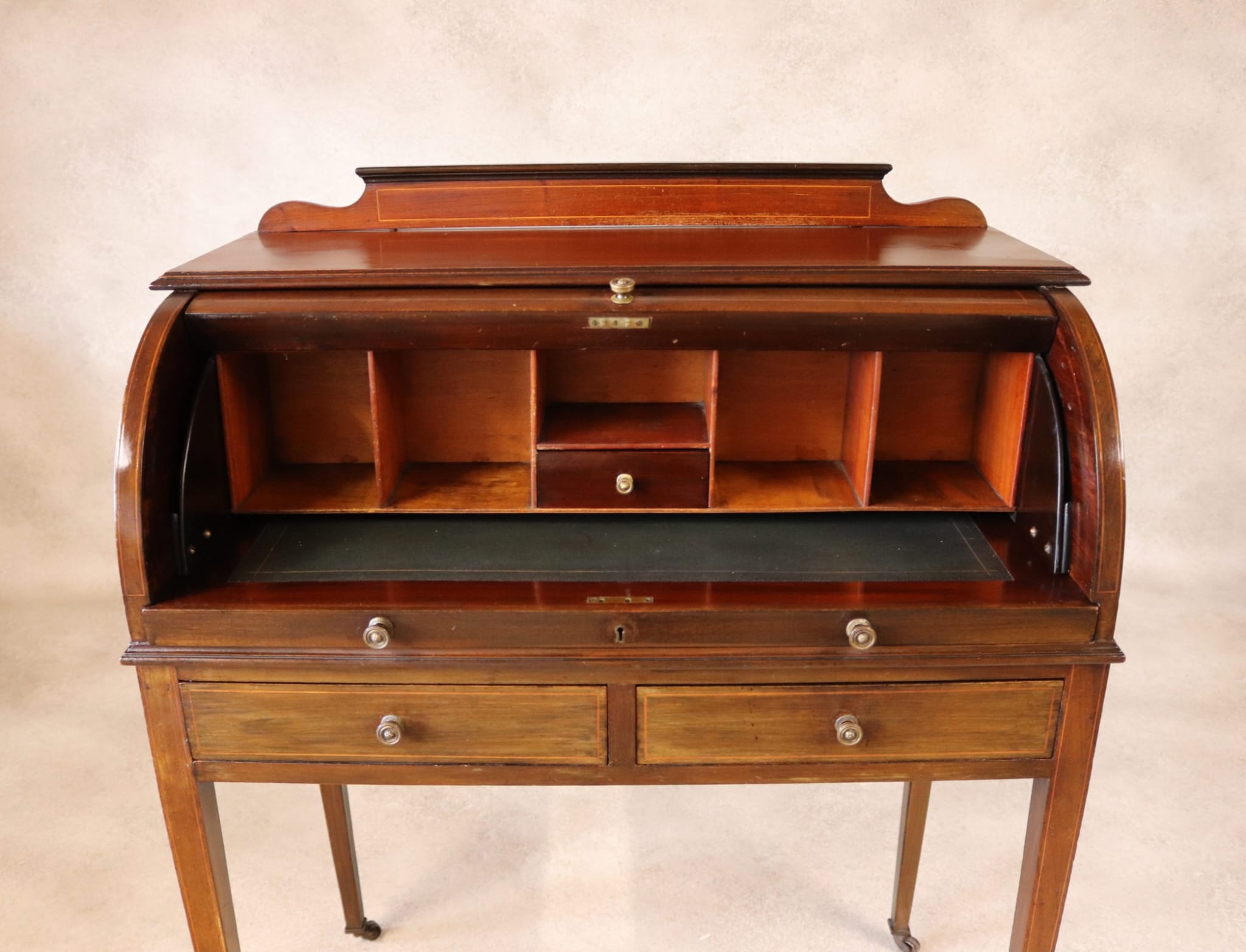 Antique Edwardian Mahogany Cylinder Bureau Desk - Sheraton Style - Circa 1900