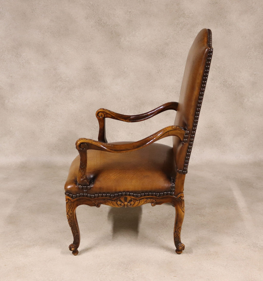 Vintage French Louis XV Style Carved Beechwood Fauteuil Tooled Leather Armchair