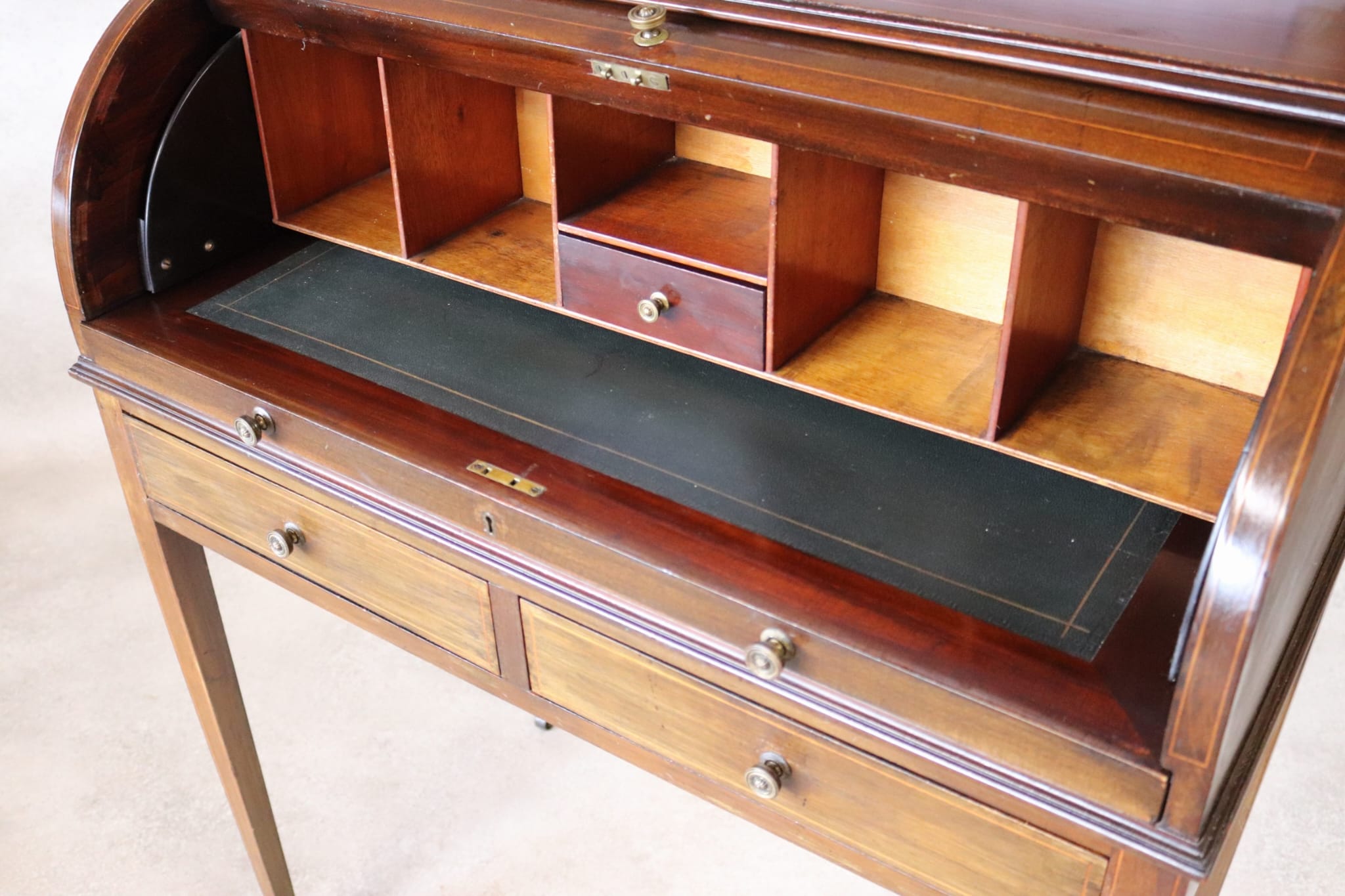 Antique Edwardian Mahogany Cylinder Bureau Desk - Sheraton Style - Circa 1900