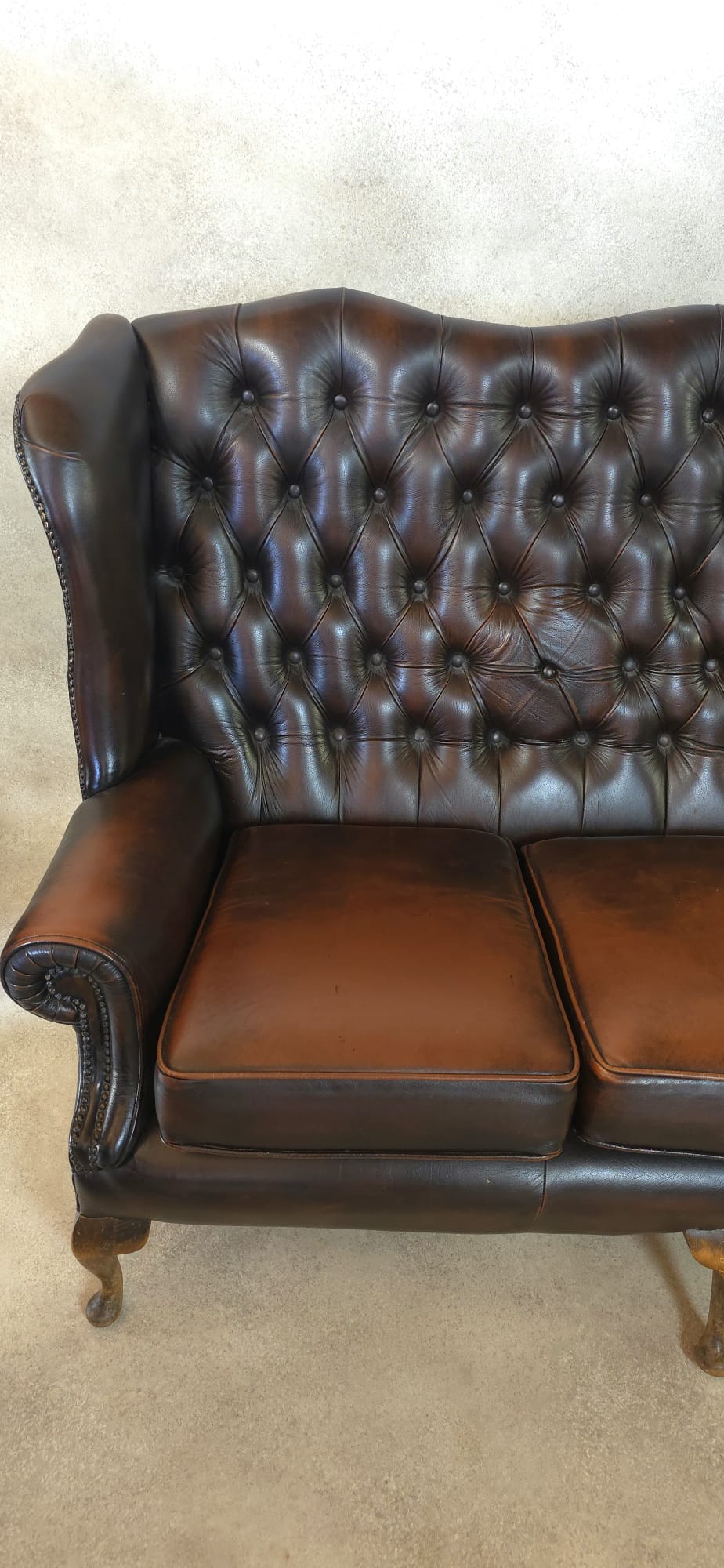 Vintage Queen Anne Style High Back Brown Leather Chesterfield Sofa