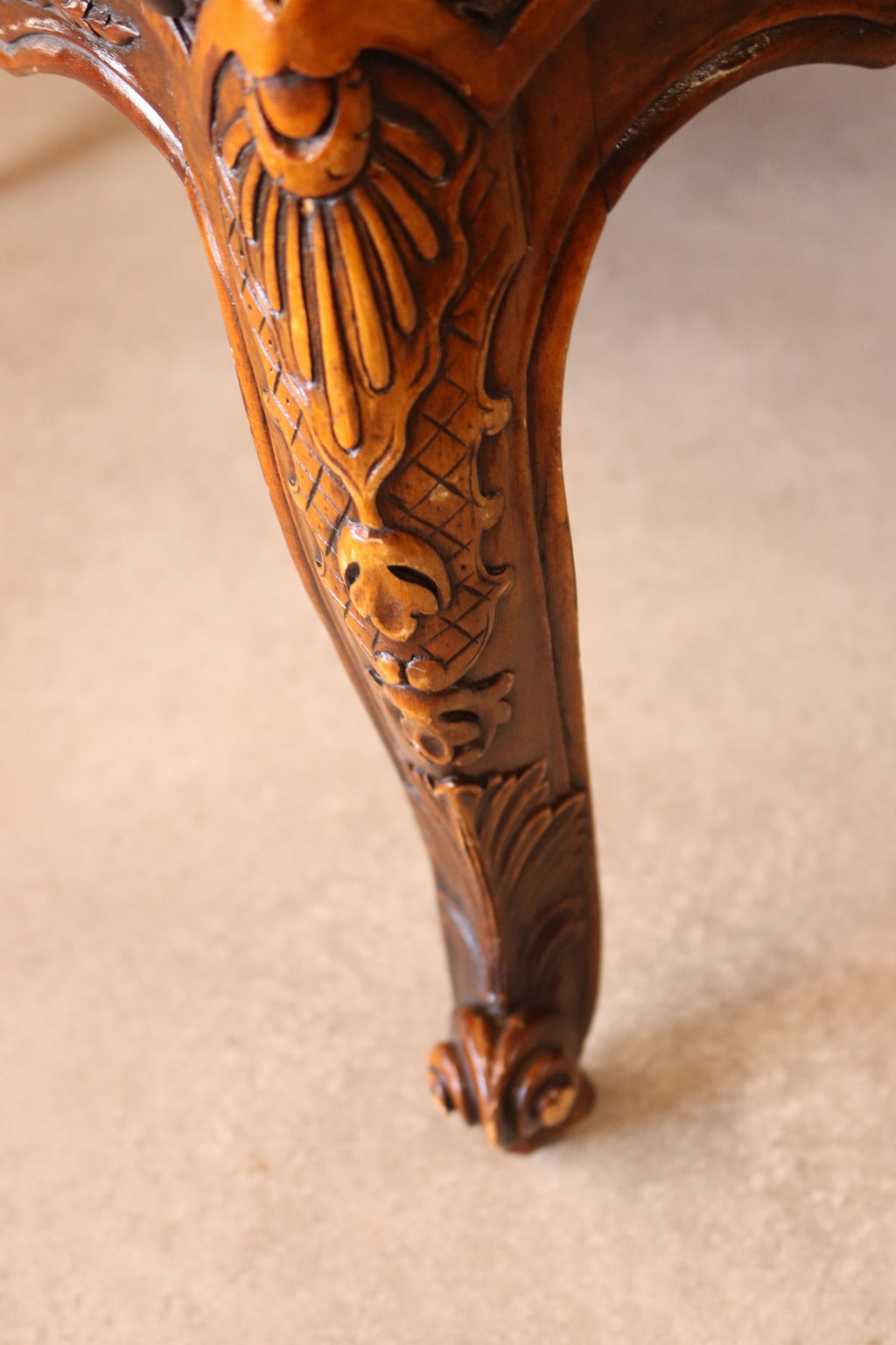 Vintage French Louis XV Style Carved Beechwood Fauteuil Tooled Leather Armchair