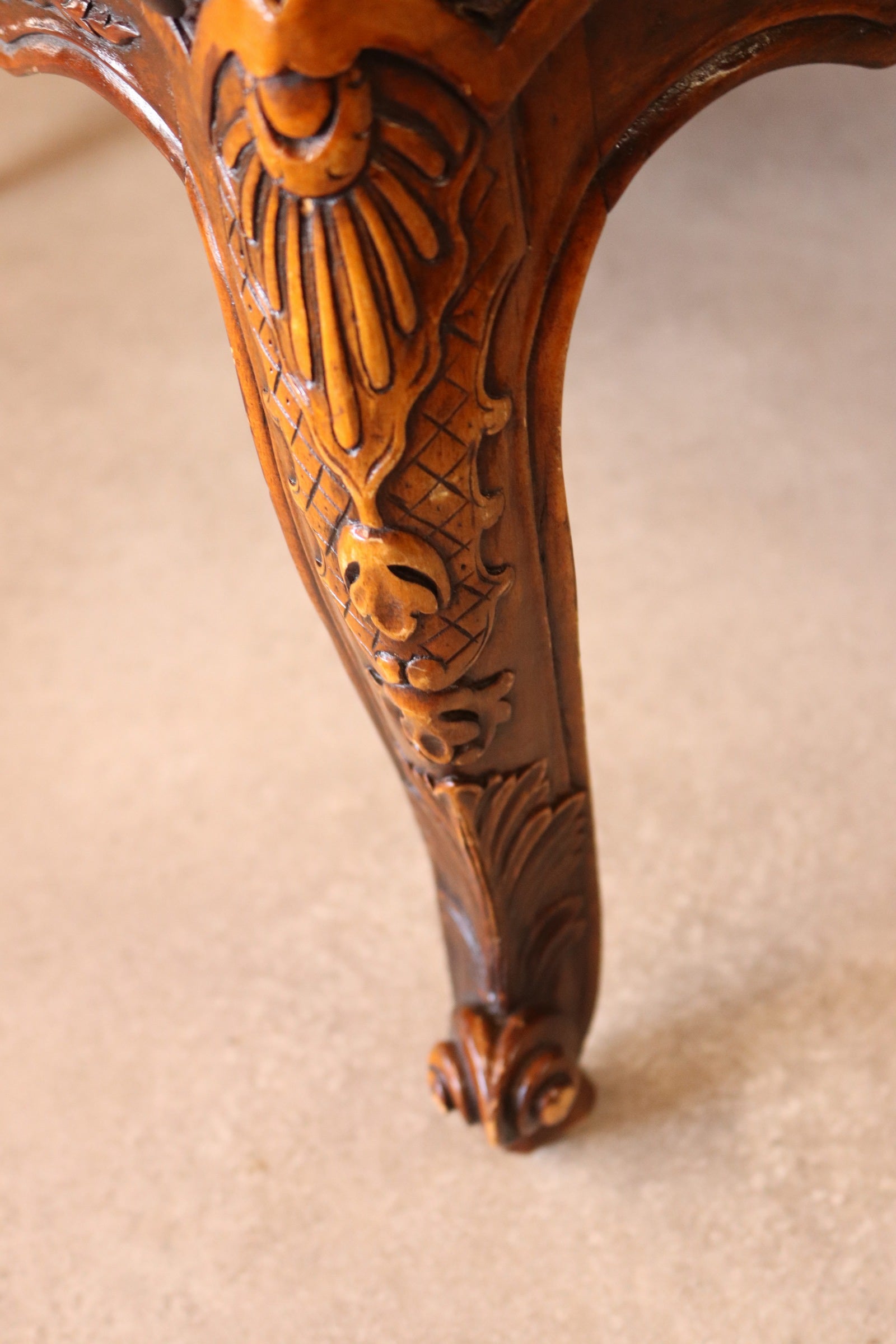 Vintage French Louis XV Style Carved Beechwood Fauteuil Tooled Leather Armchair