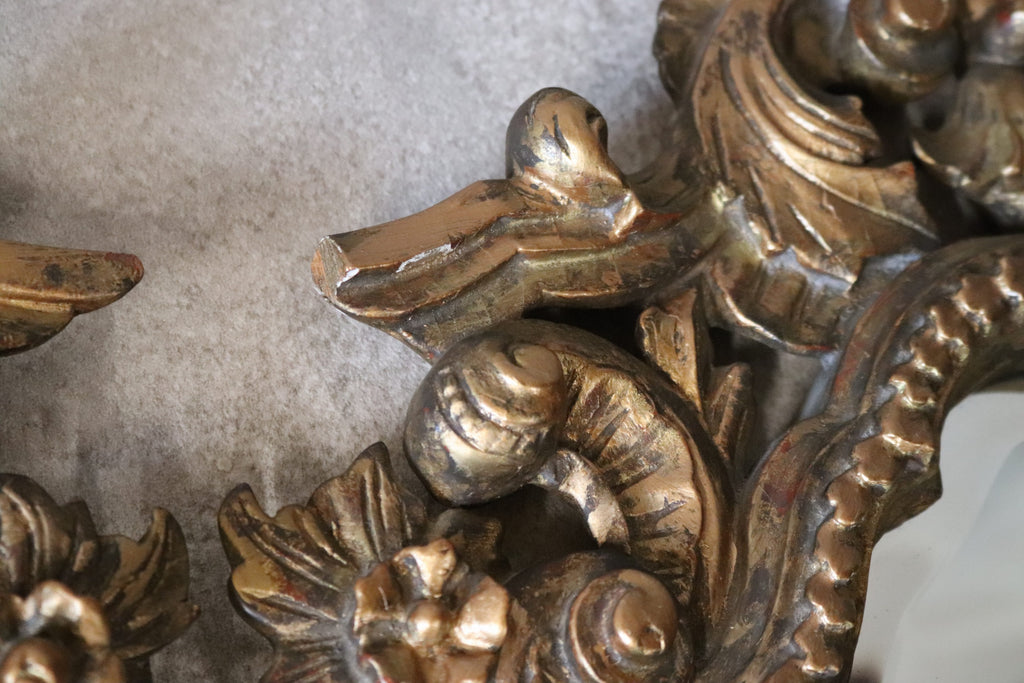Pair Vintage Rococo Style Ornate Gilt Wall Sconce Mirrors Carved Wood Girandole
