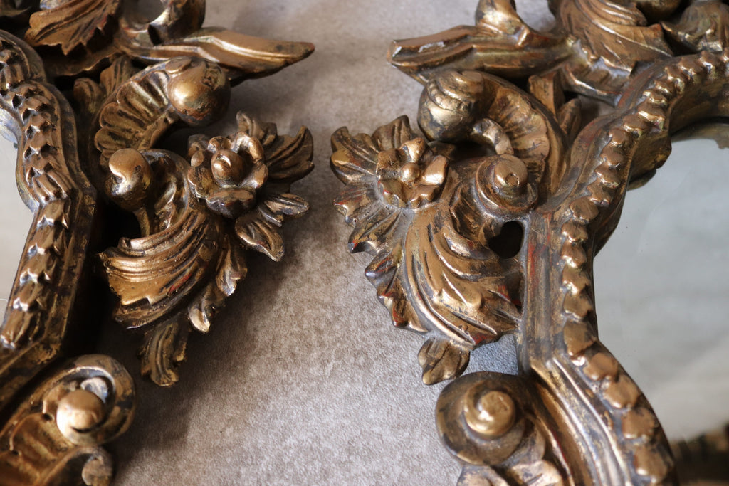 Pair Vintage Rococo Style Ornate Gilt Wall Sconce Mirrors Carved Wood Girandole
