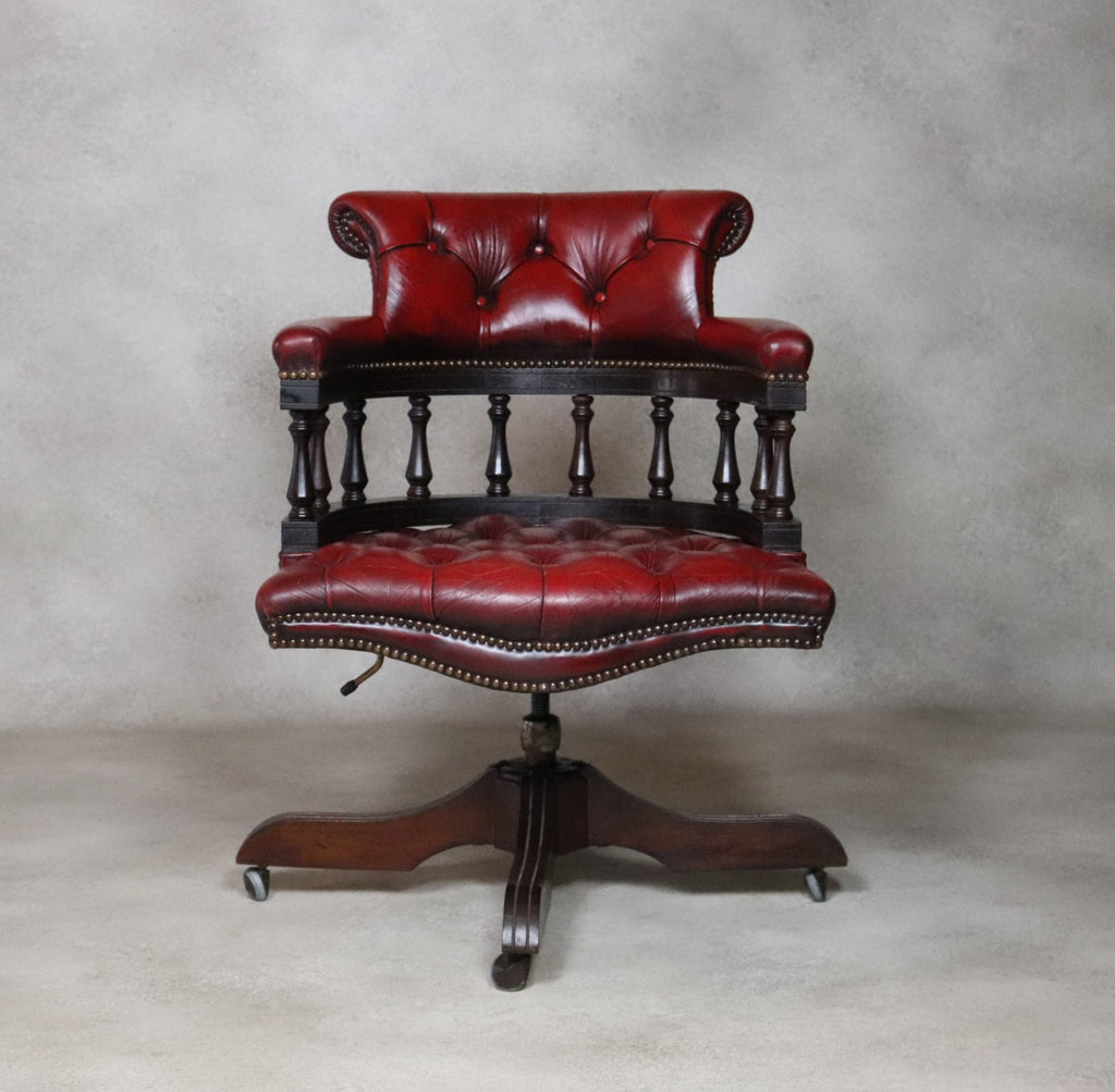Vintage Red Leather Chesterfield Captians Chair Swivel Office / Desk Chair