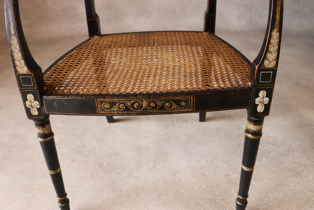 Antique Regency Ebonised parcel-Gilt Painted Elbow Chair Cane Seat Armchair
