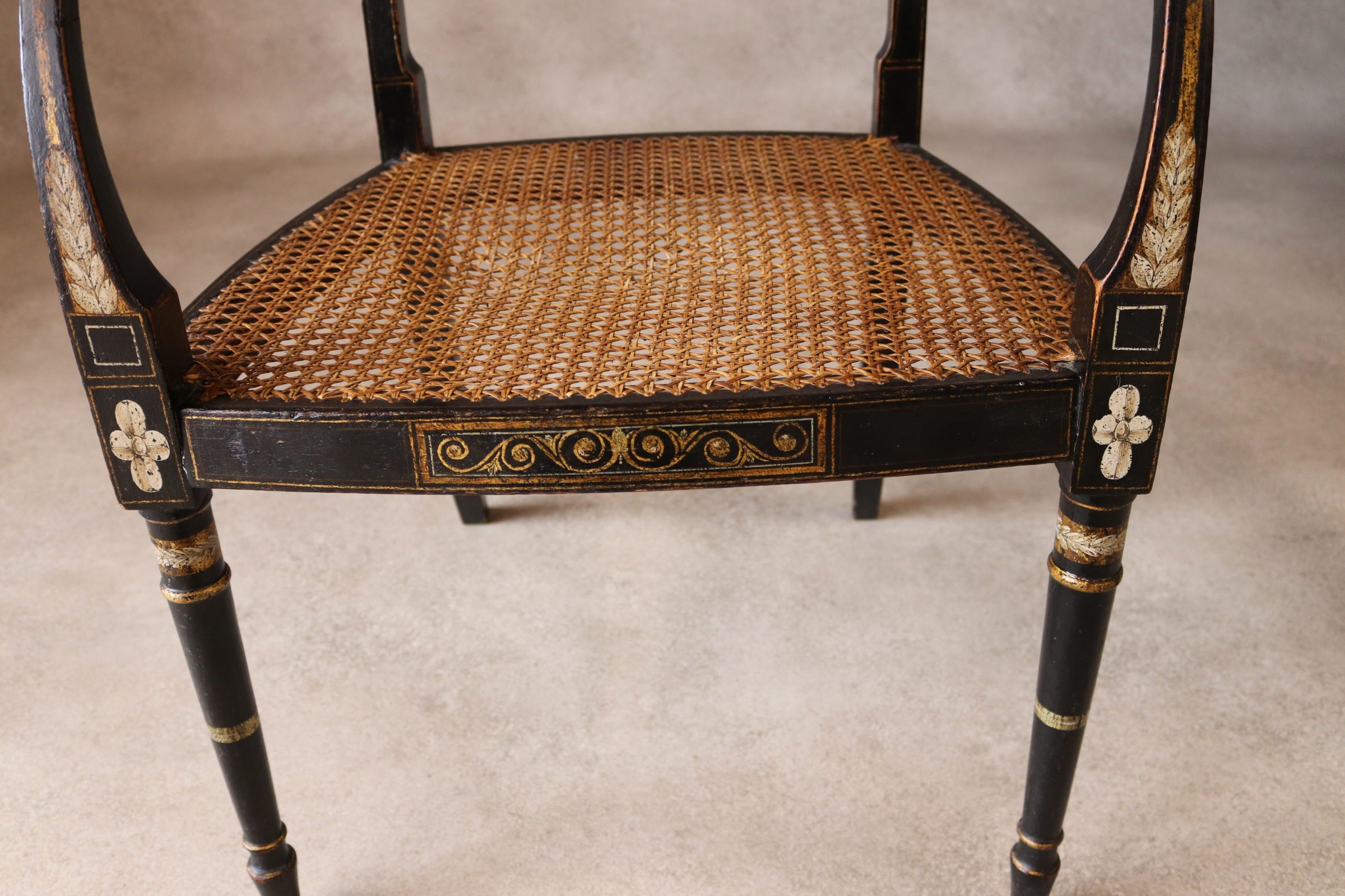 Antique Regency Ebonised parcel-Gilt Painted Elbow Chair Cane Seat Armchair