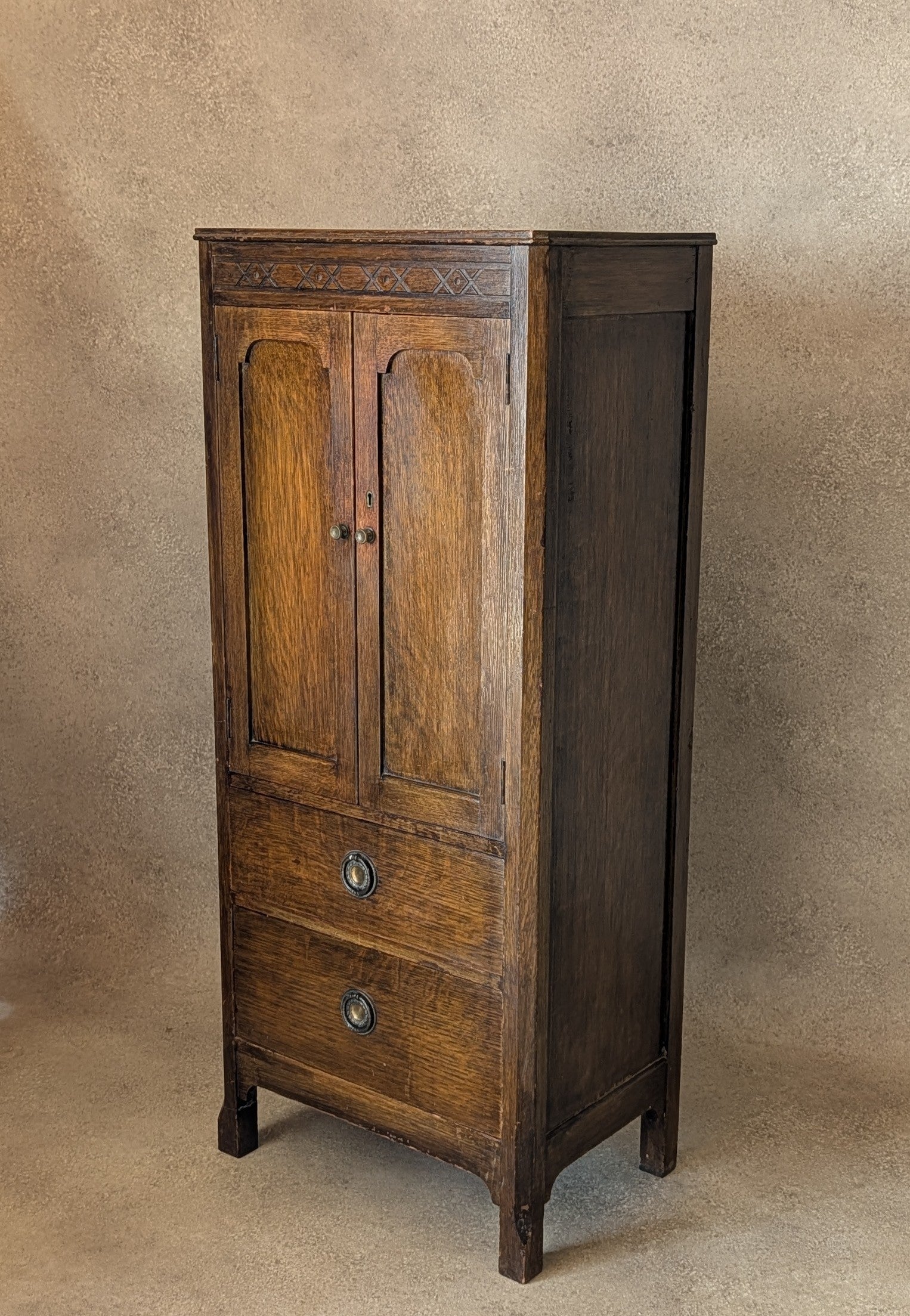 Vintage Oak Hall Cupboard 1930s Jacobean Revival Cupboard Compact Oak Cabinet
