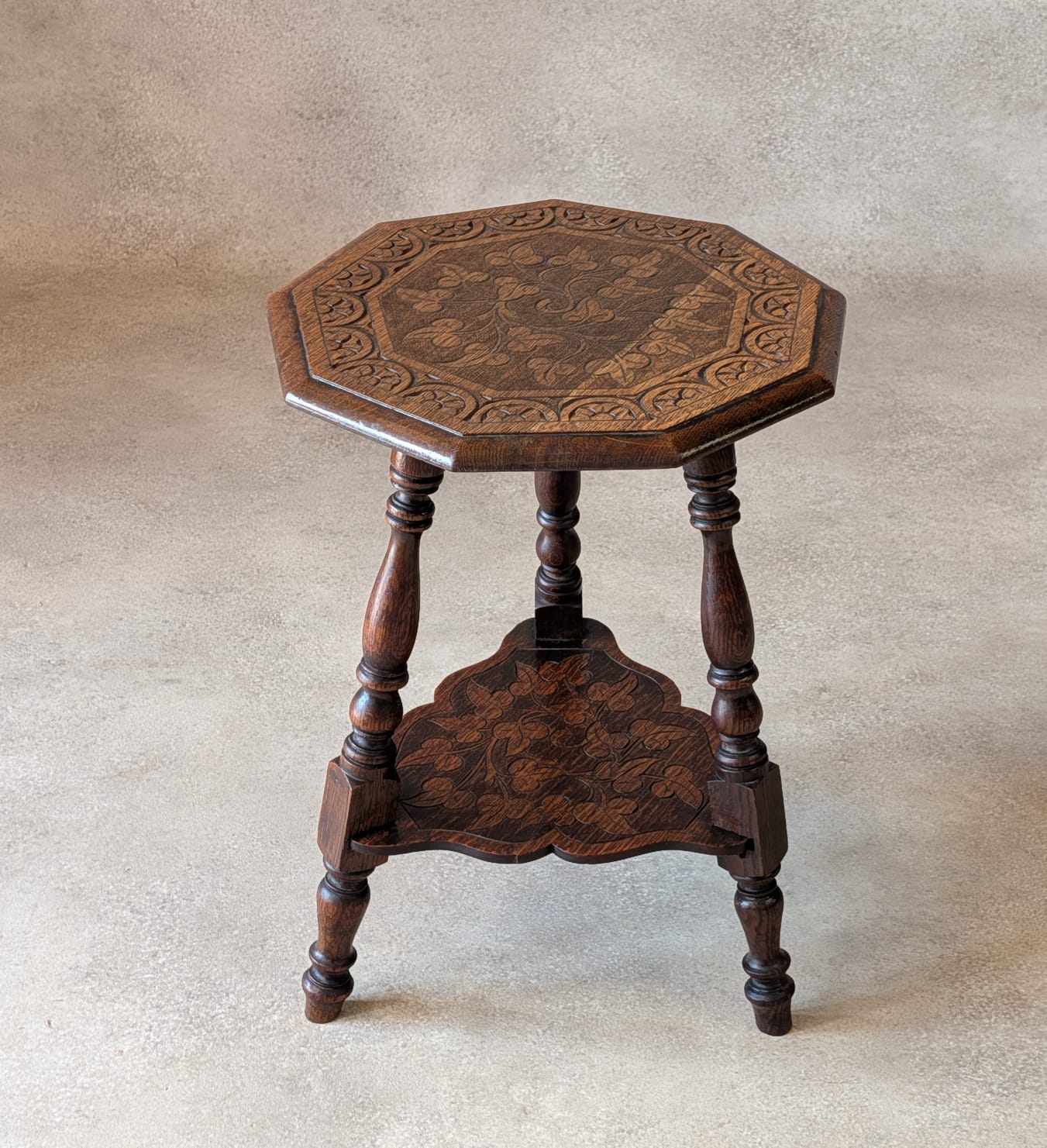 Antique Arts & Crafts Carved Oak Side Table Liberty Style Octagonal Plant Stand