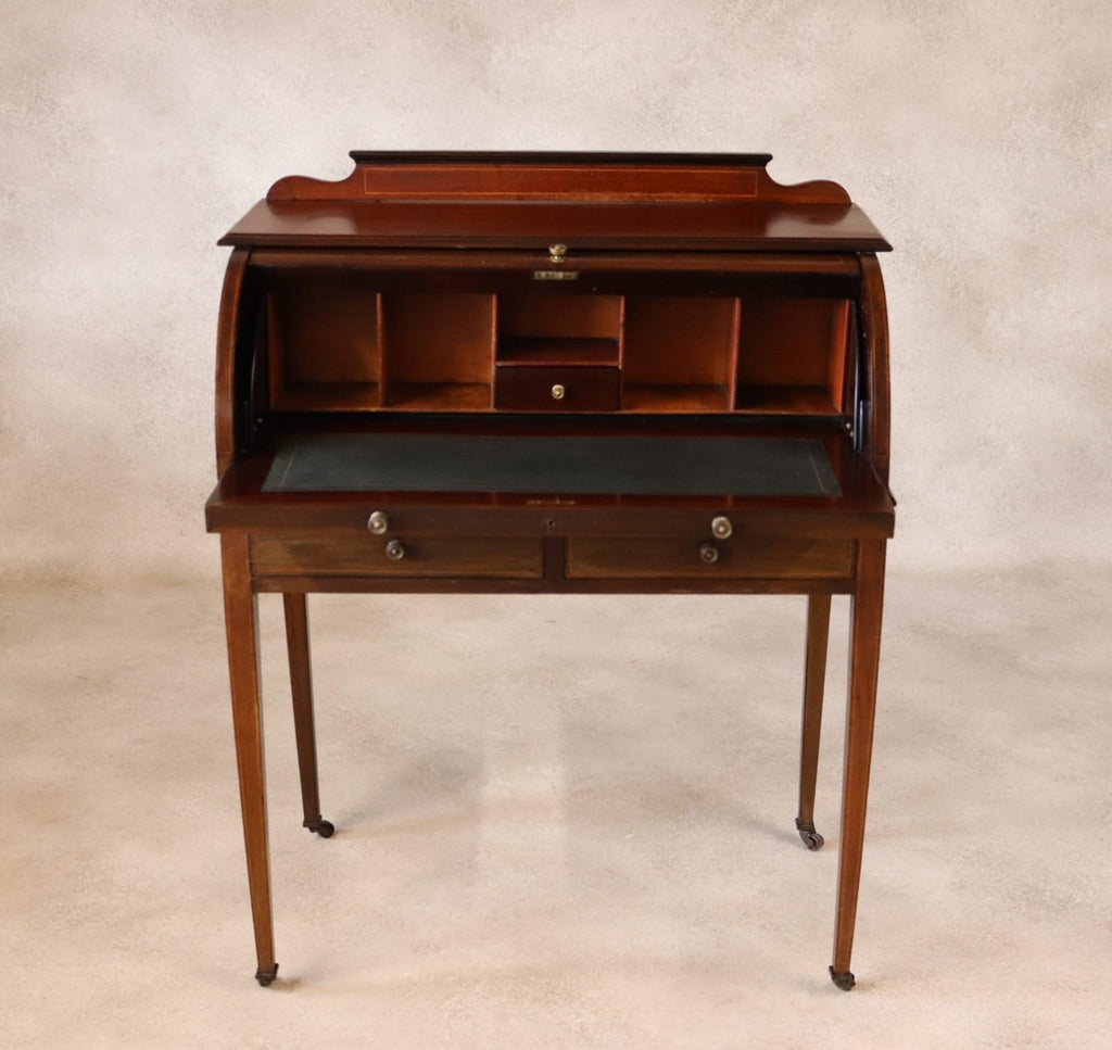 Antique Edwardian Mahogany Cylinder Bureau Desk - Sheraton Style - Circa 1900