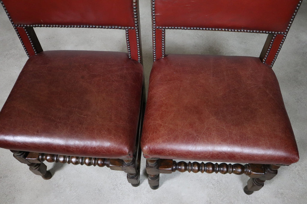 Set Of 6 Antique Cromwellian Style Oak And Leather Dining Chairs