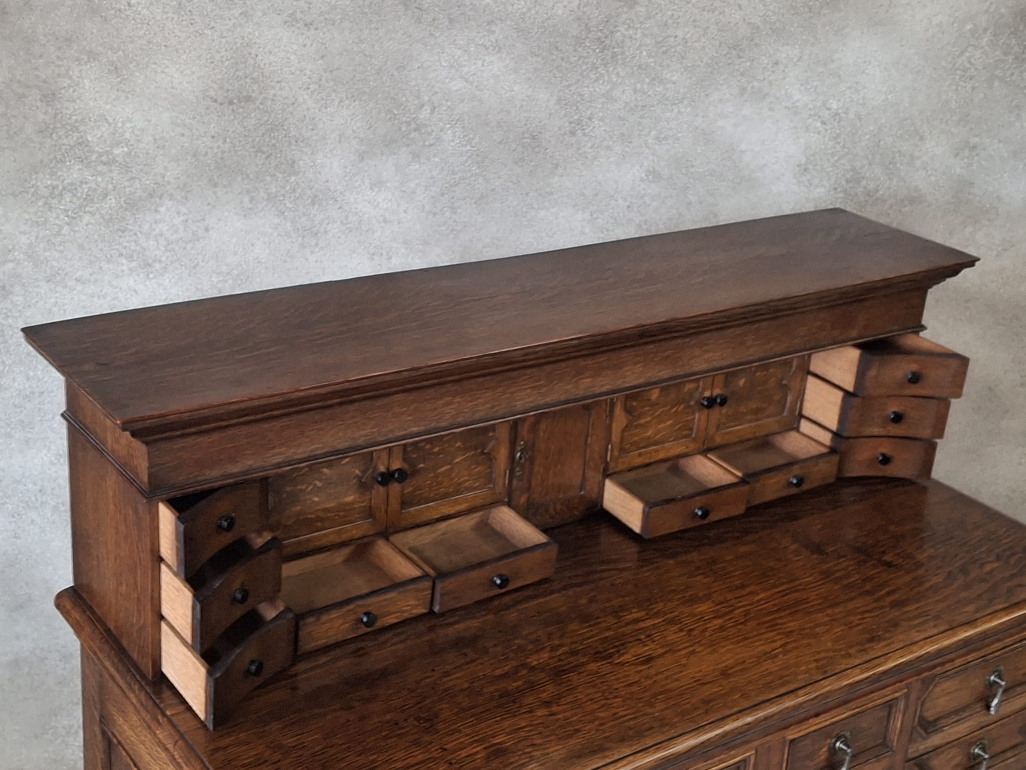 Large Antique Edwardian Jacobean Revival Oak Pedestal Desk - Gallery Top