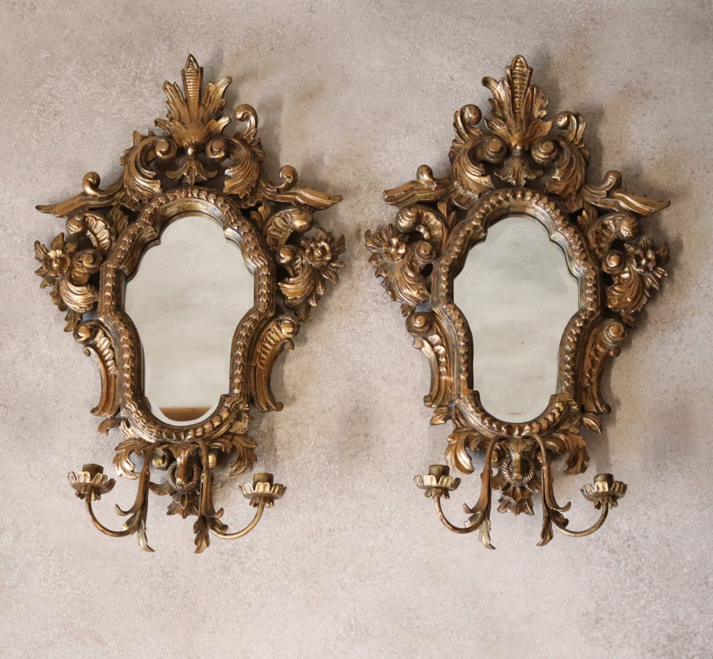 Pair Vintage Rococo Style Ornate Gilt Wall Sconce Mirrors Carved Wood Girandole