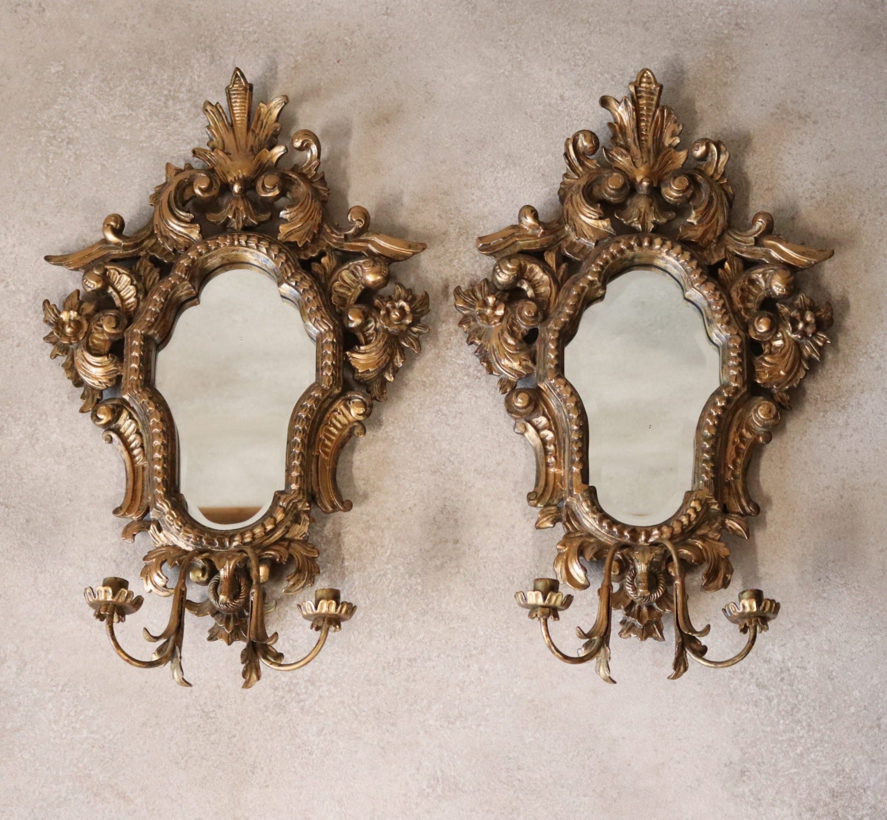 Pair Vintage Rococo Style Ornate Gilt Wall Sconce Mirrors Carved Wood Girandole
