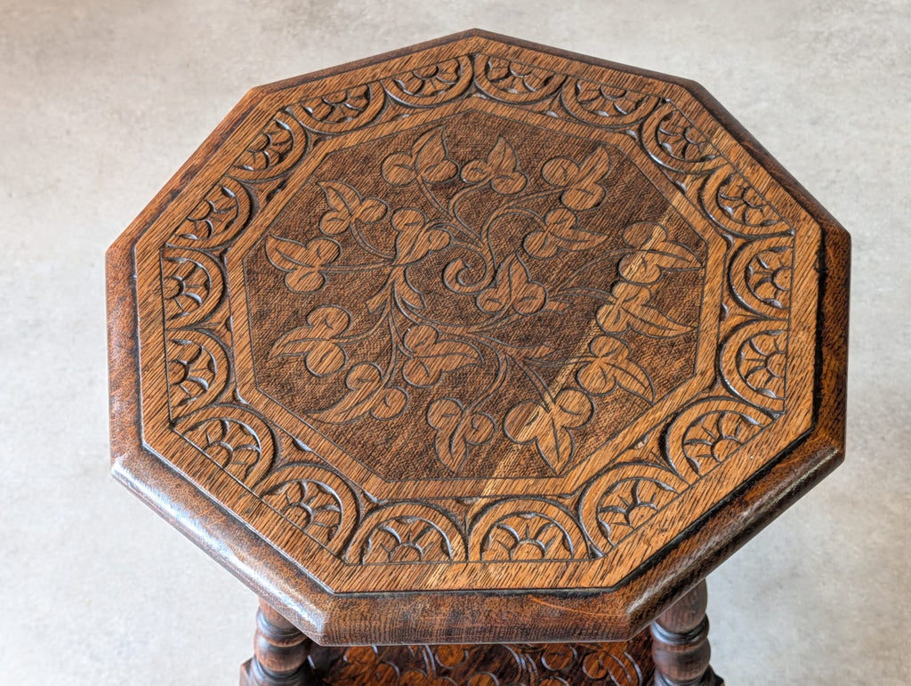 Antique Arts & Crafts Carved Oak Side Table Liberty Style Octagonal Plant Stand