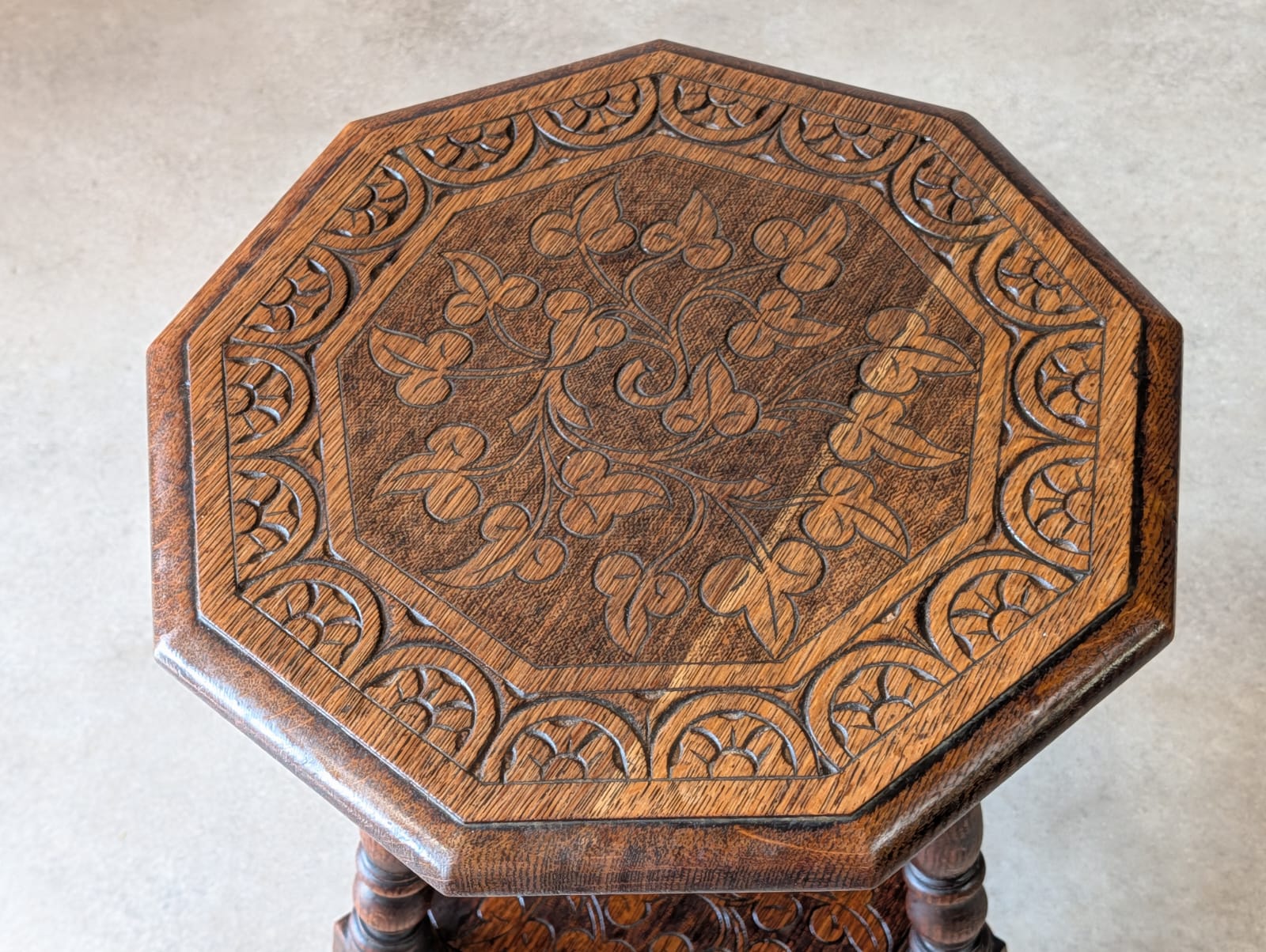 Antique Arts & Crafts Carved Oak Side Table Liberty Style Octagonal Plant Stand