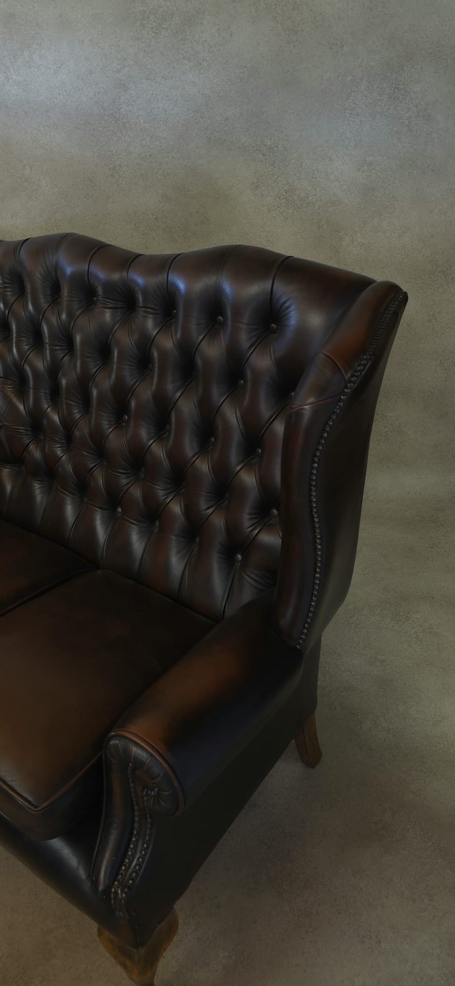 Vintage Queen Anne Style High Back Brown Leather Chesterfield Sofa